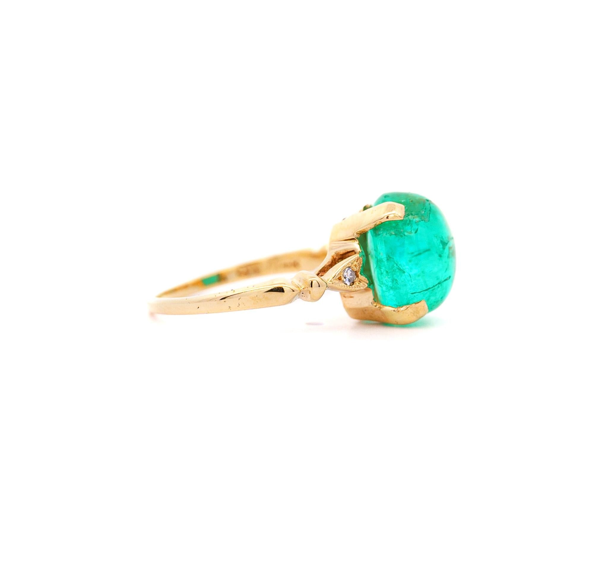 5 Carat Cabochon-Cut Colombian Emerald & Diamond Ring 14K Emerald Ring
