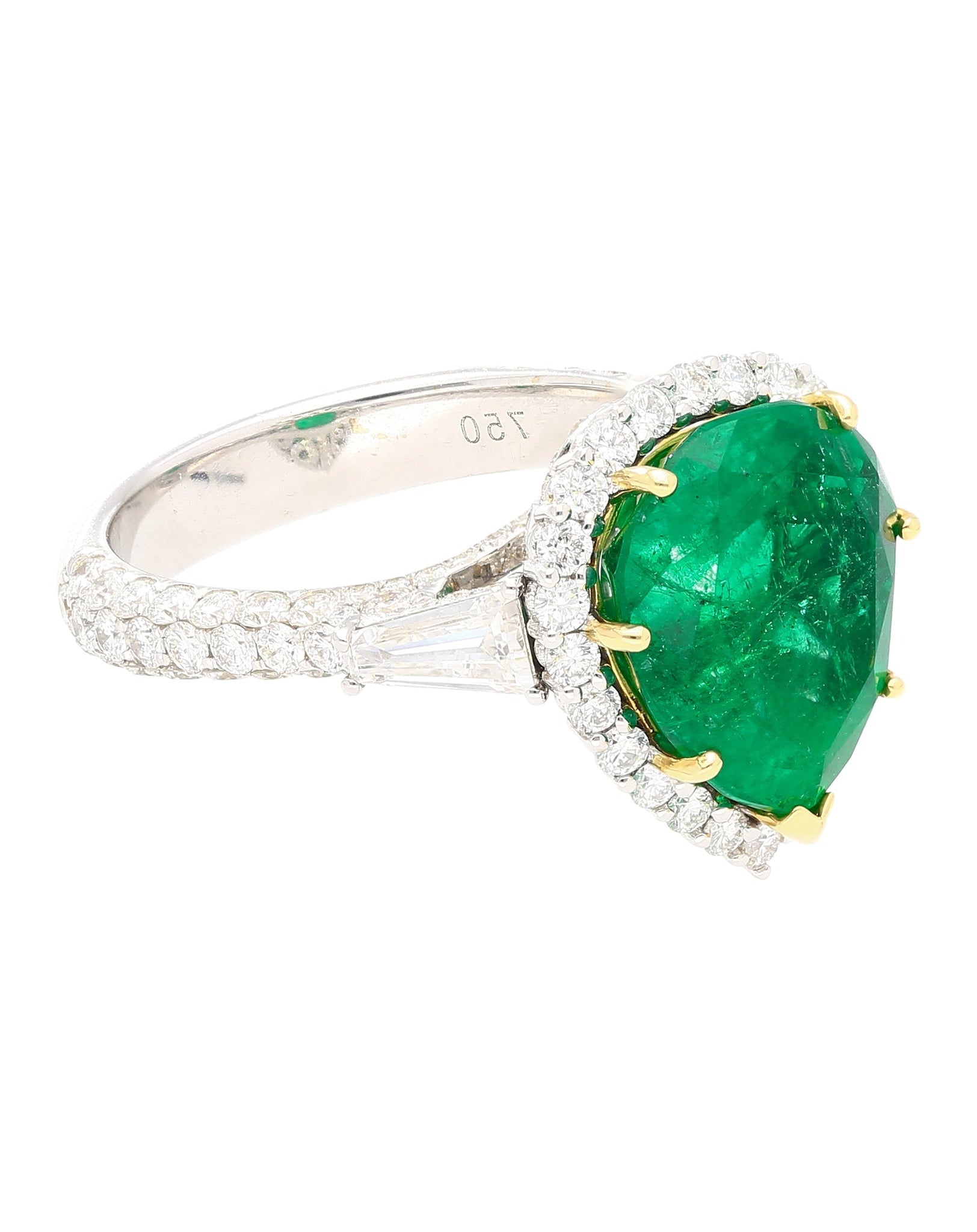 5.12 Carat Pear Cut Colombian Emerald Ring with Baguette Diamond Sides in 18K Gold