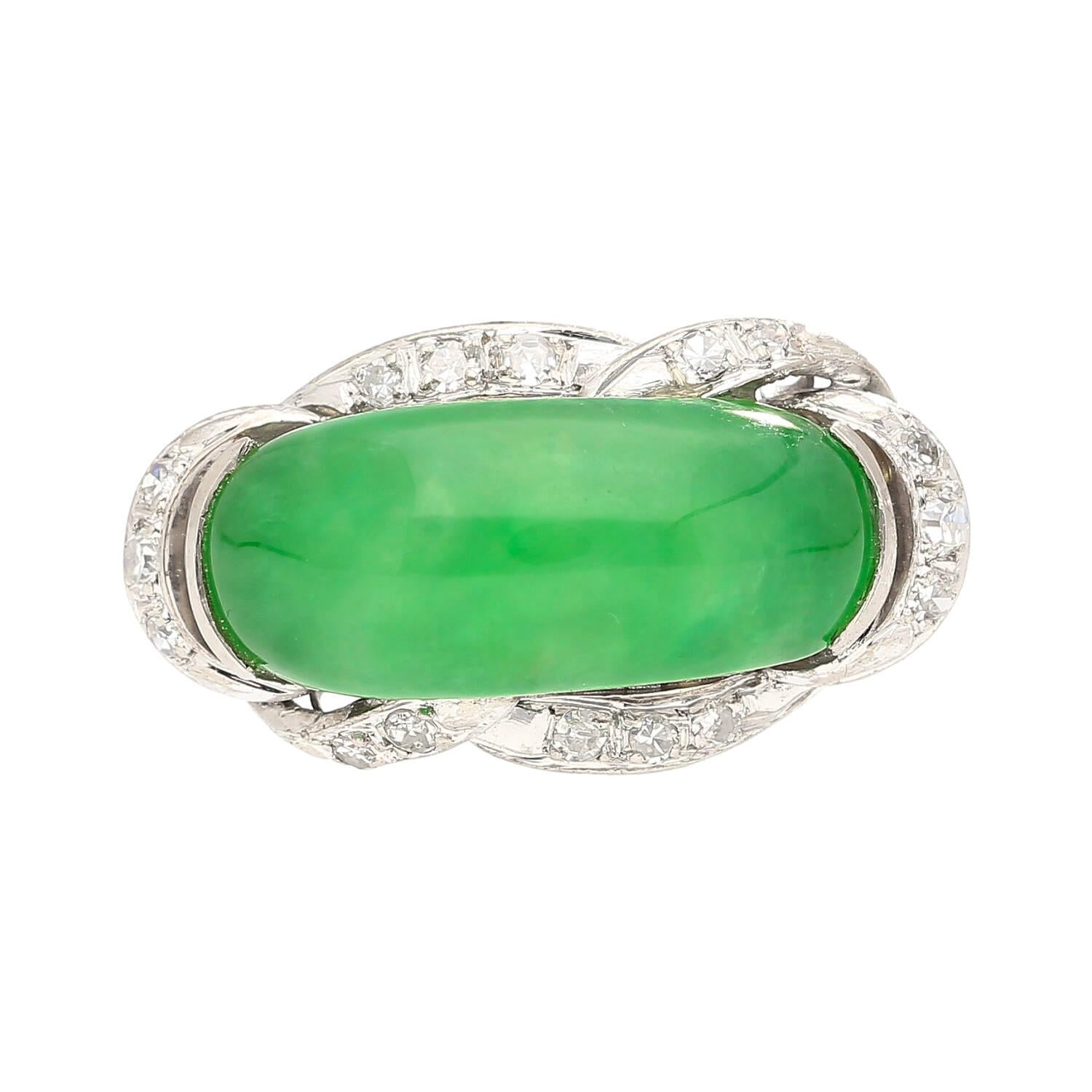 Natural 5.29 Carat Jade & Diamond in Ornate 18K White Gold Ring