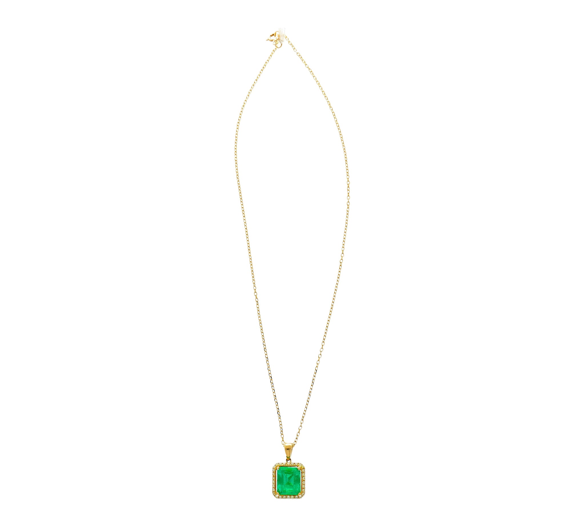 5.42 Carat Natural Emerald Pendant Necklace with Yellow Diamond Halo in 18k Gold