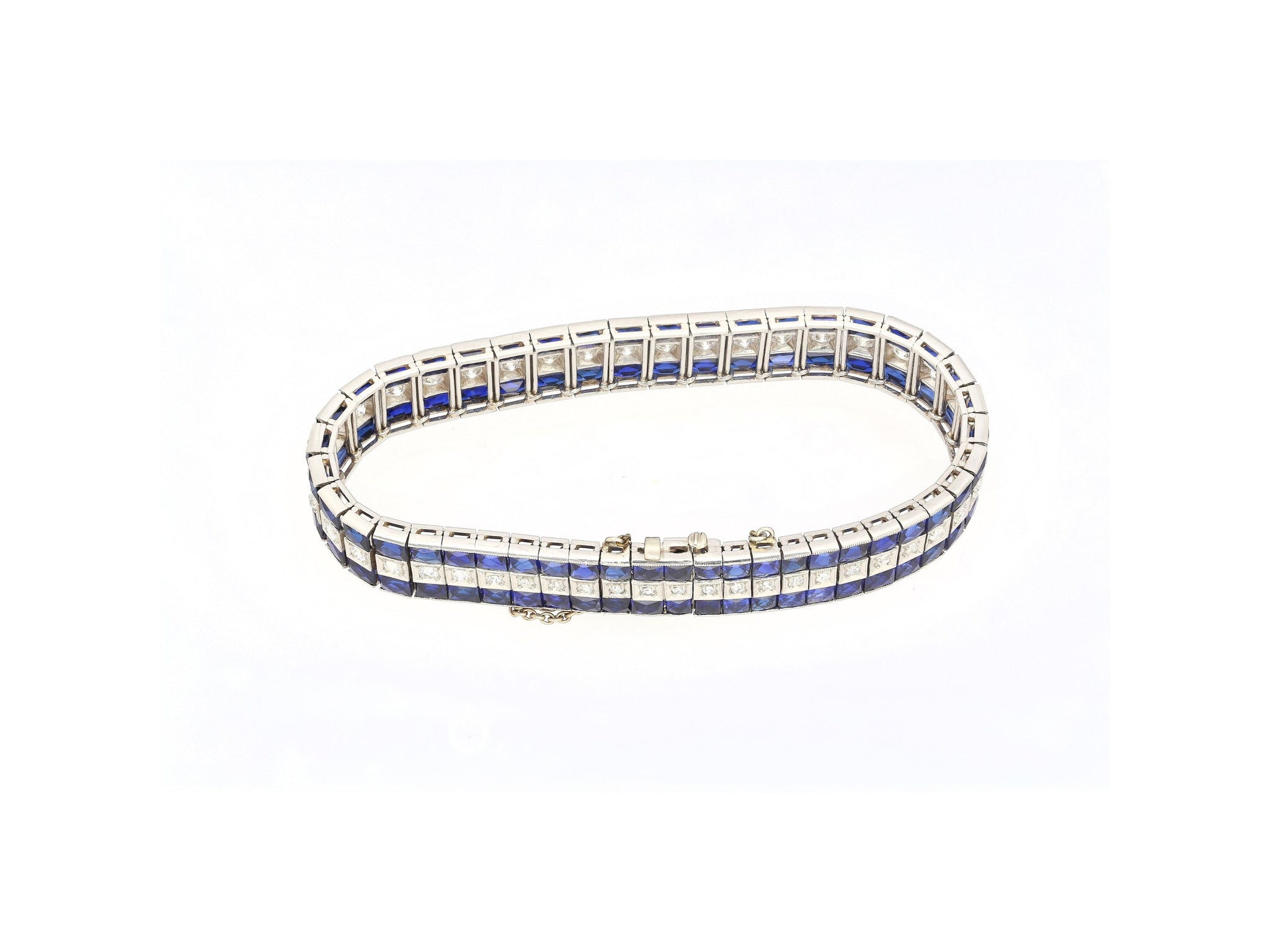 5.50 Carat Vintage Art Deco Platinum Bracelet With Diamonds and Princess-Cut Blue Sapphires-Bracelet-ASSAY