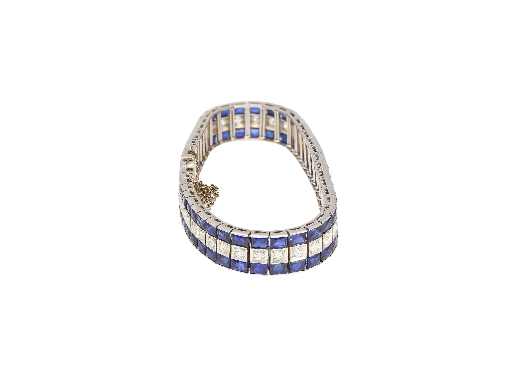 5.50 Carat Vintage Art Deco Platinum Bracelet With Diamonds and Princess-Cut Blue Sapphires