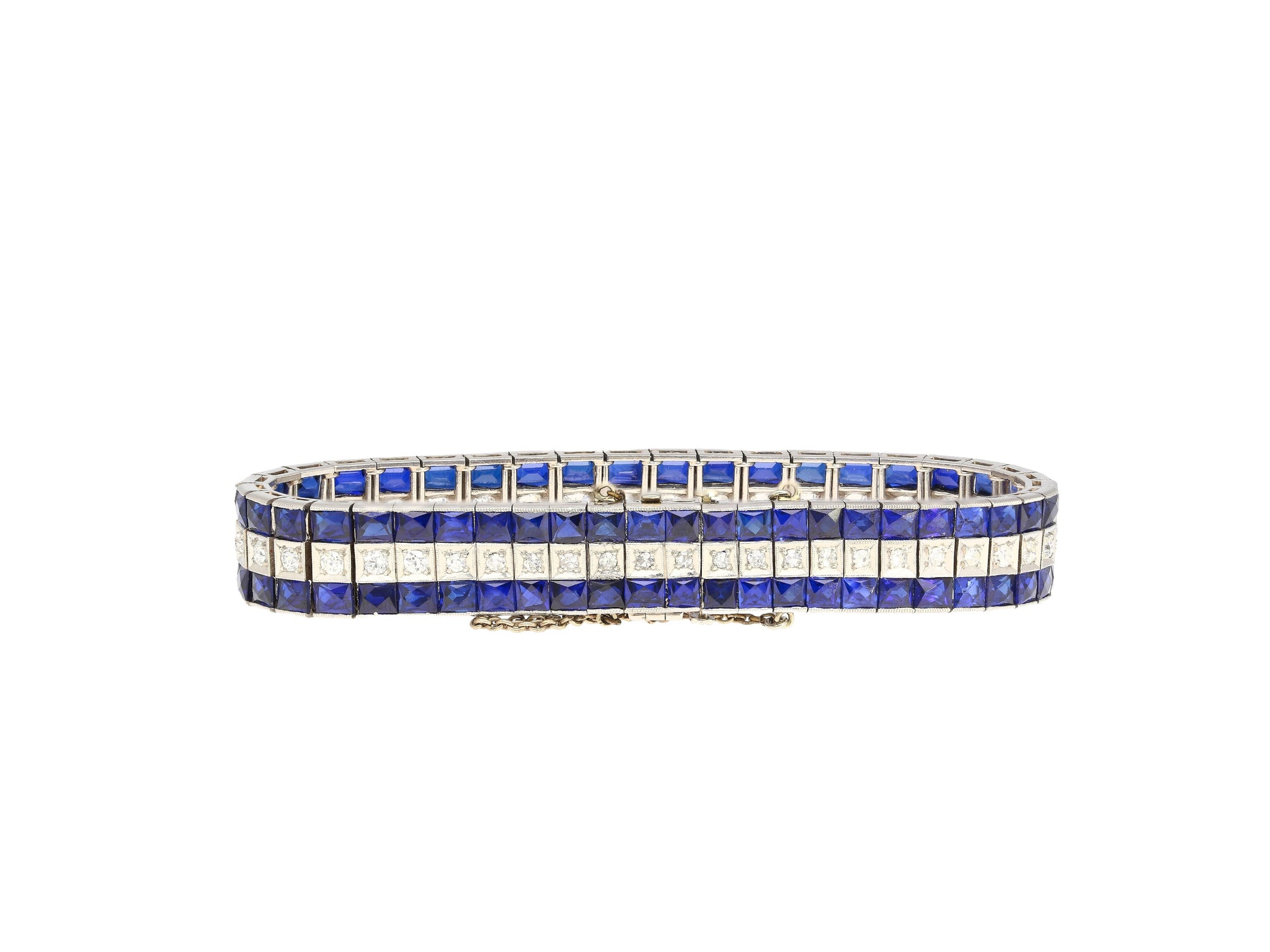 5.50 Carat Vintage Art Deco Platinum Bracelet With Diamonds and Princess-Cut Blue Sapphires