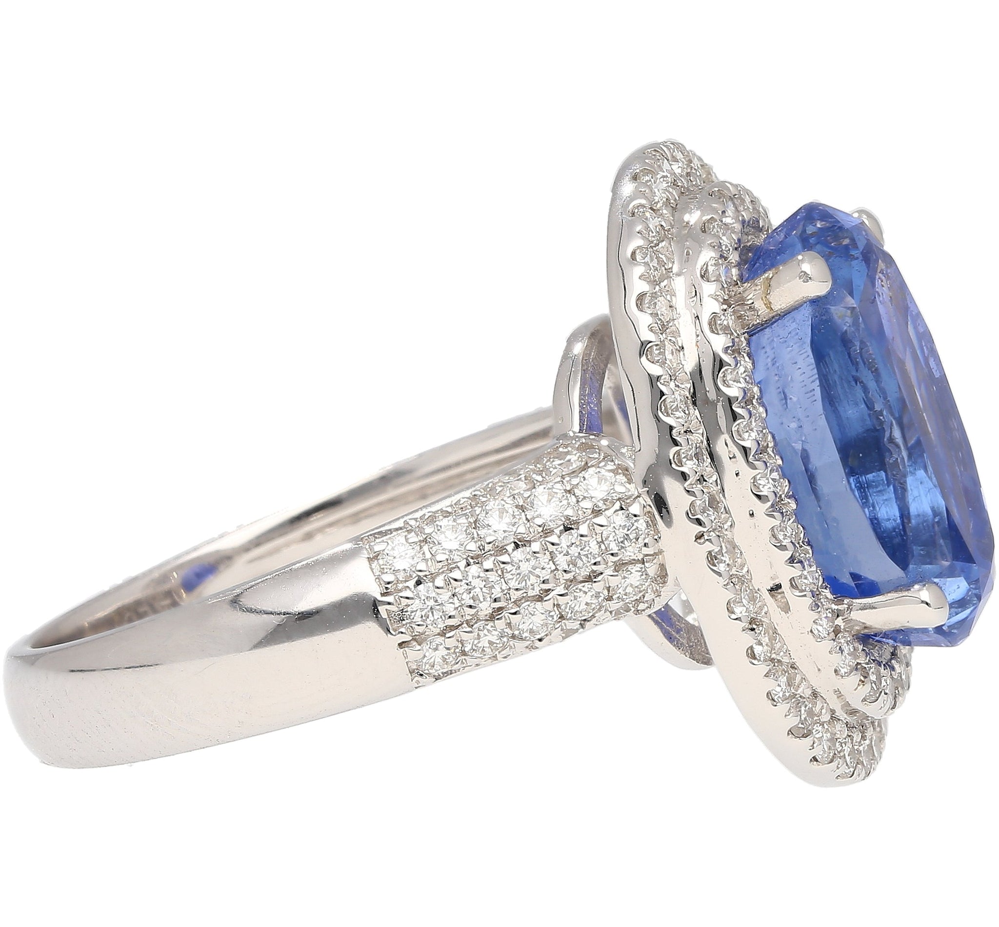 6.34 Carat No Heat Oval Cut Blue Sapphire and Diamond Halo 18K Ring GRS Certified