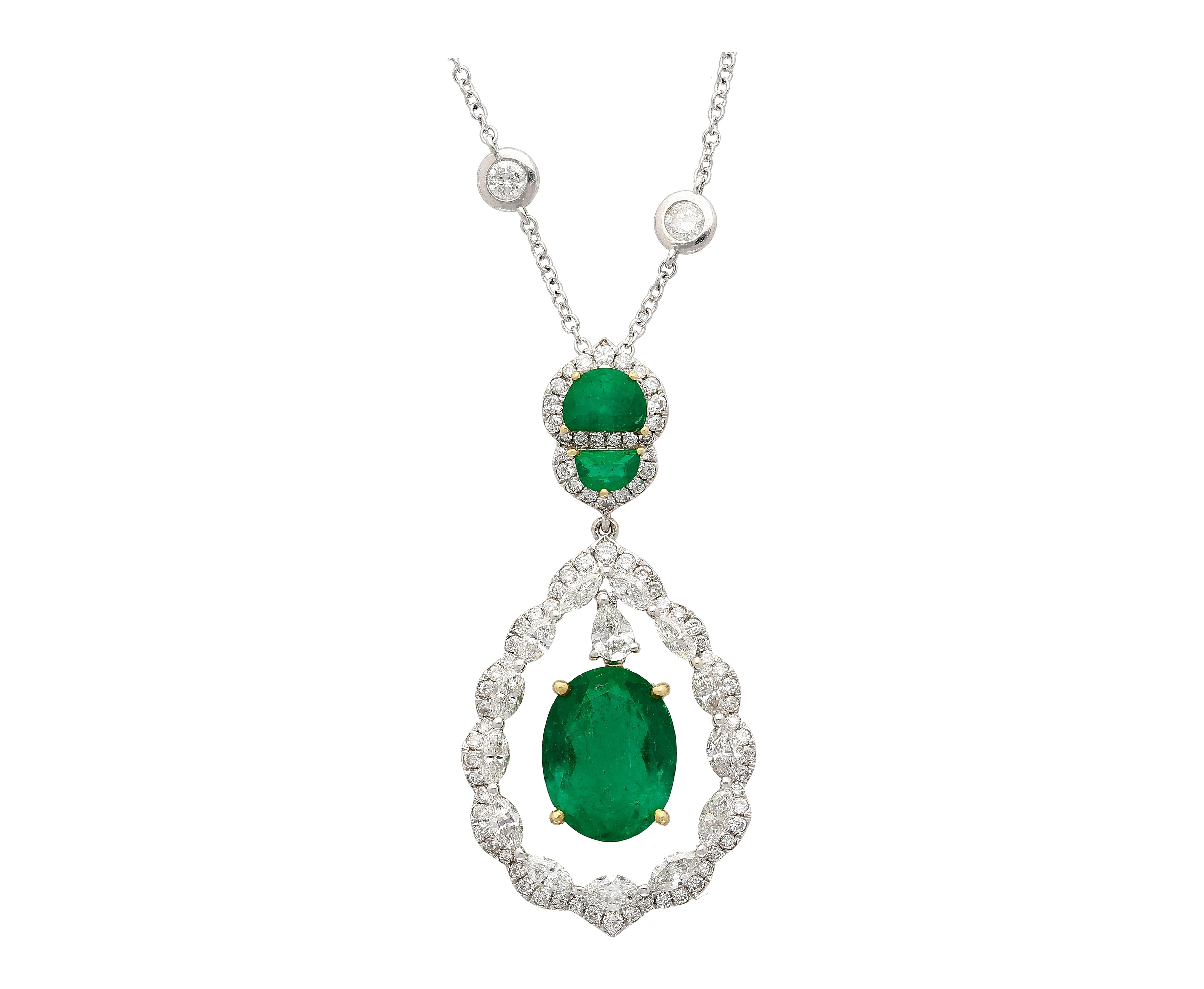 6.42 Carat Floating Emerald with Diamond & Emeralds in 18K Pendant Necklace