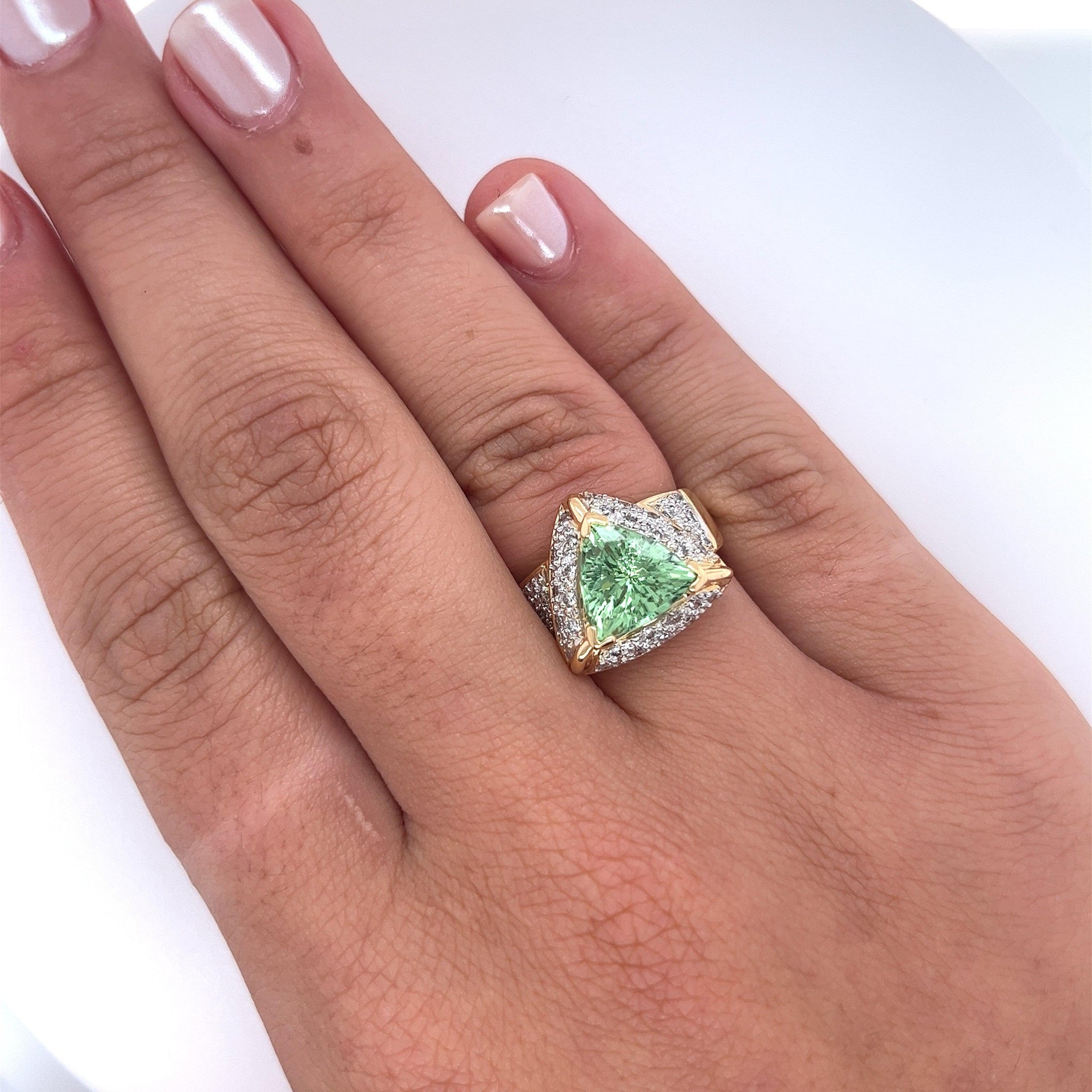 7 Carat Trilliant Cut Watermelon Green Tourmaline with Diamond Sides in 18K Gold 2 Tone Ring