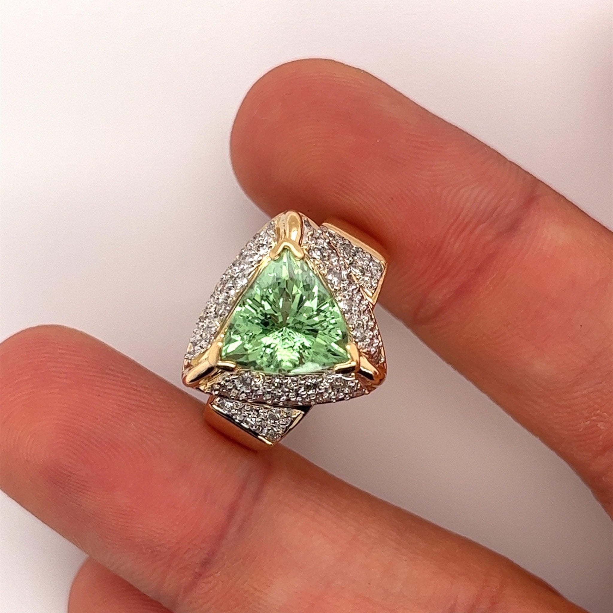 7 Carat Trilliant Cut Watermelon Green Tourmaline with Diamond Sides in 18K Gold 2 Tone Ring