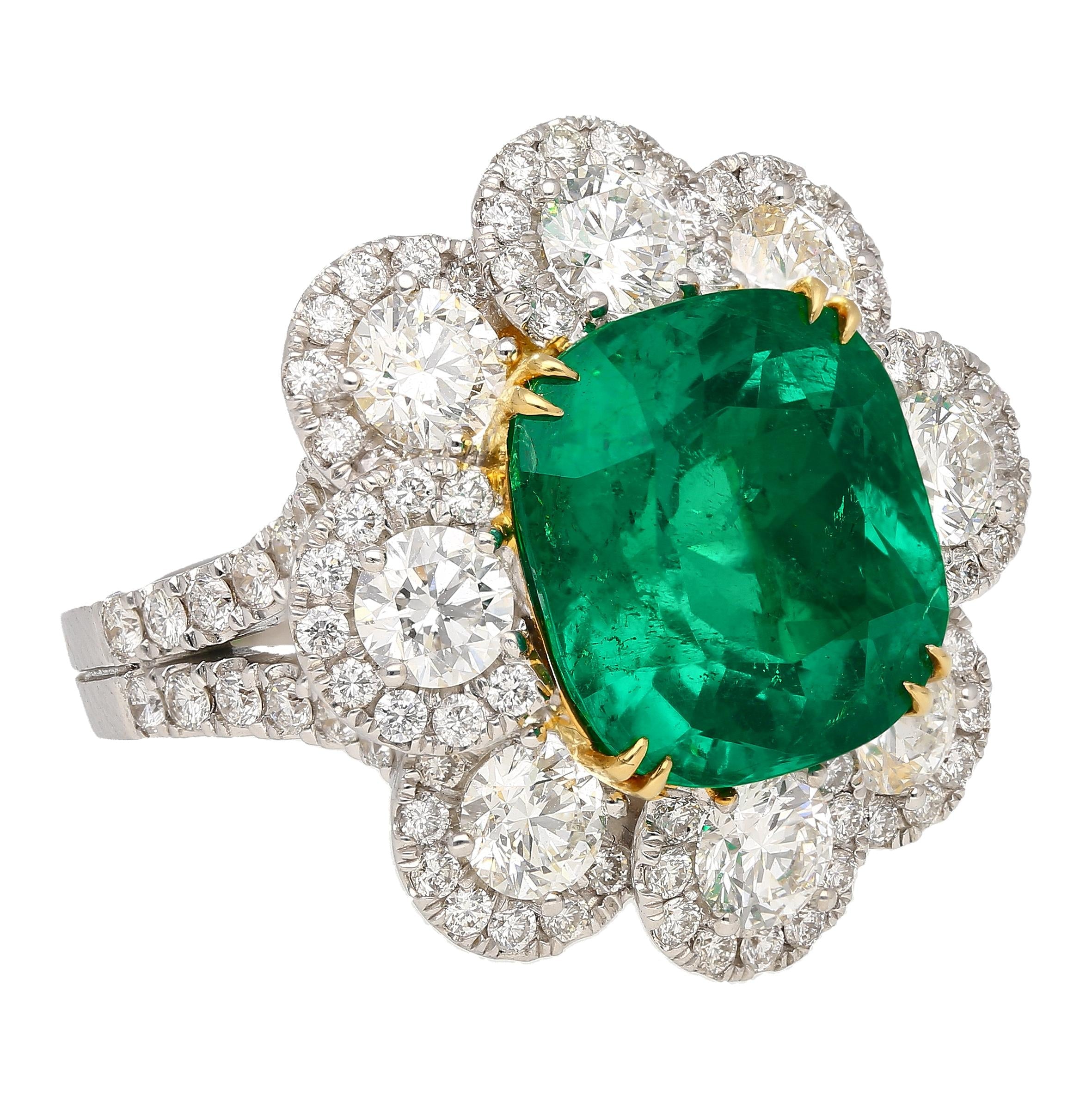 7.60 Carat Colombian Emerald GRS Certified Cushion Cut Minor Oil Diamond Ring