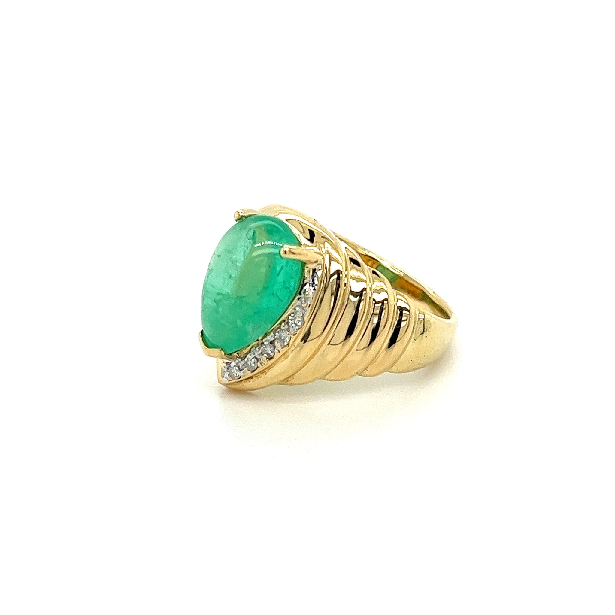 7.81 Carat Pear Shaped Cabochon Cut Natural Emerald & Diamond Ring in 18K Yellow Gold