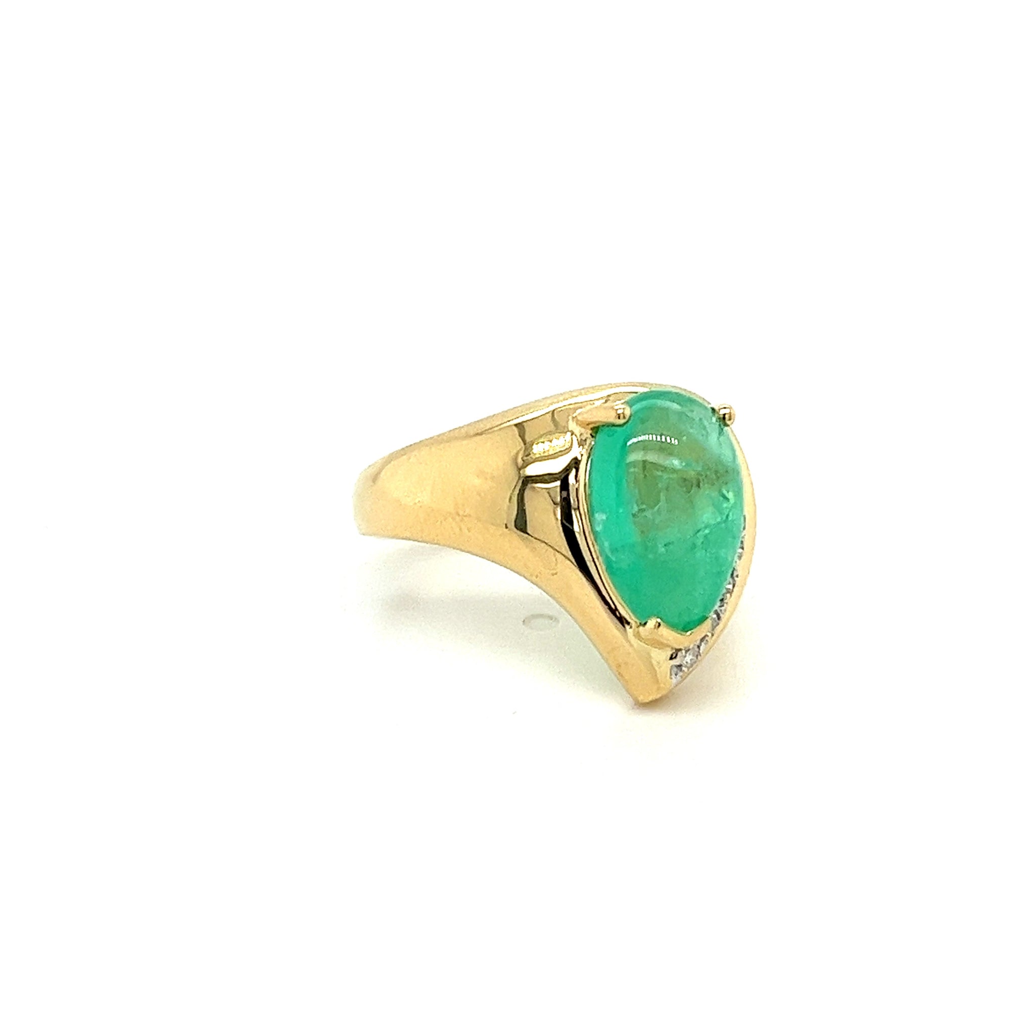 7.81 Carat Pear Shaped Cabochon Cut Natural Emerald & Diamond Ring in 18K Yellow Gold