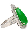 7.88 Carat Jade and Diamond Halo Ring in 18k White Gold