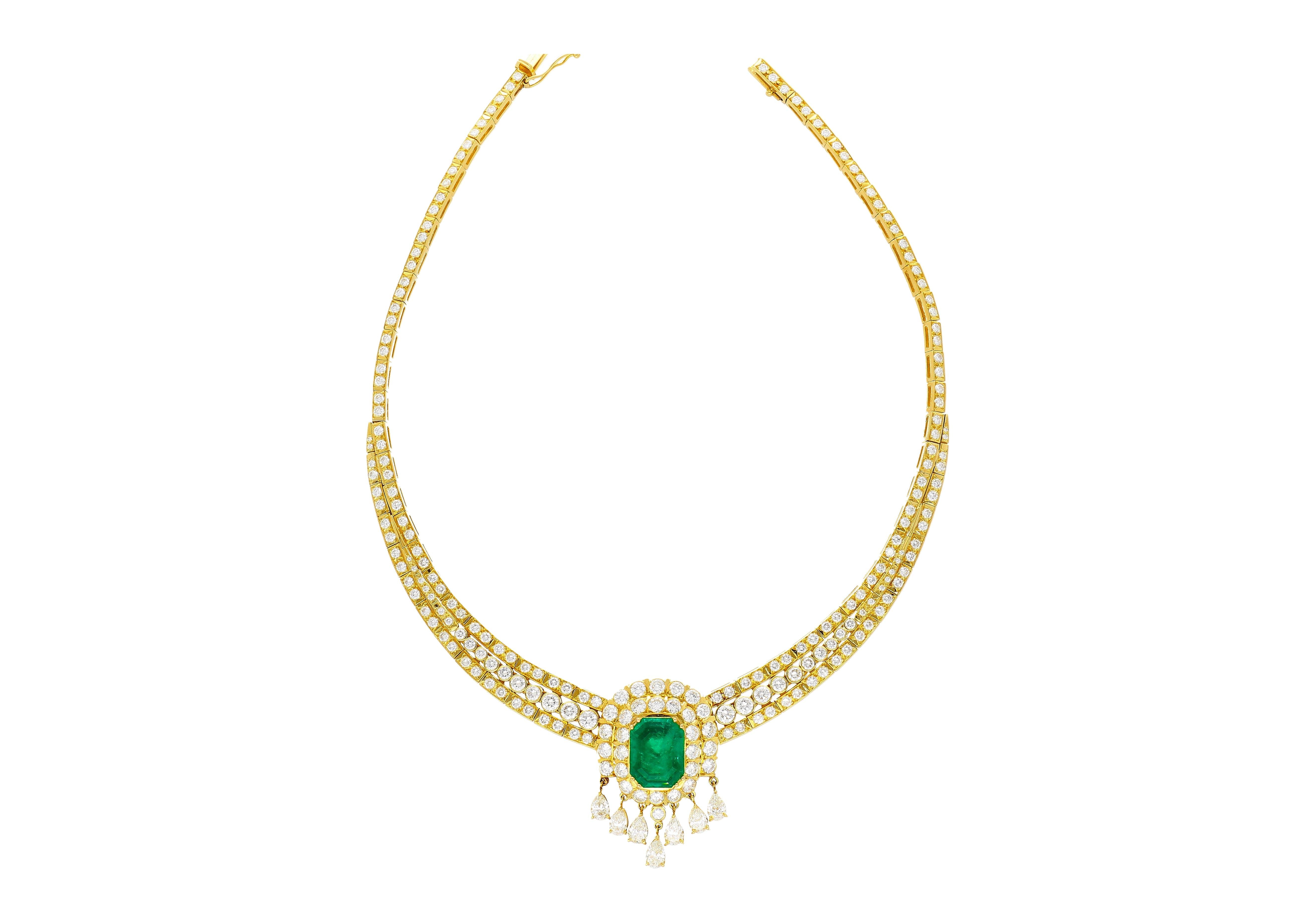 8.12 Carat Colombian Emerald & Diamond Chandelier Regal Choker Necklace in 18k