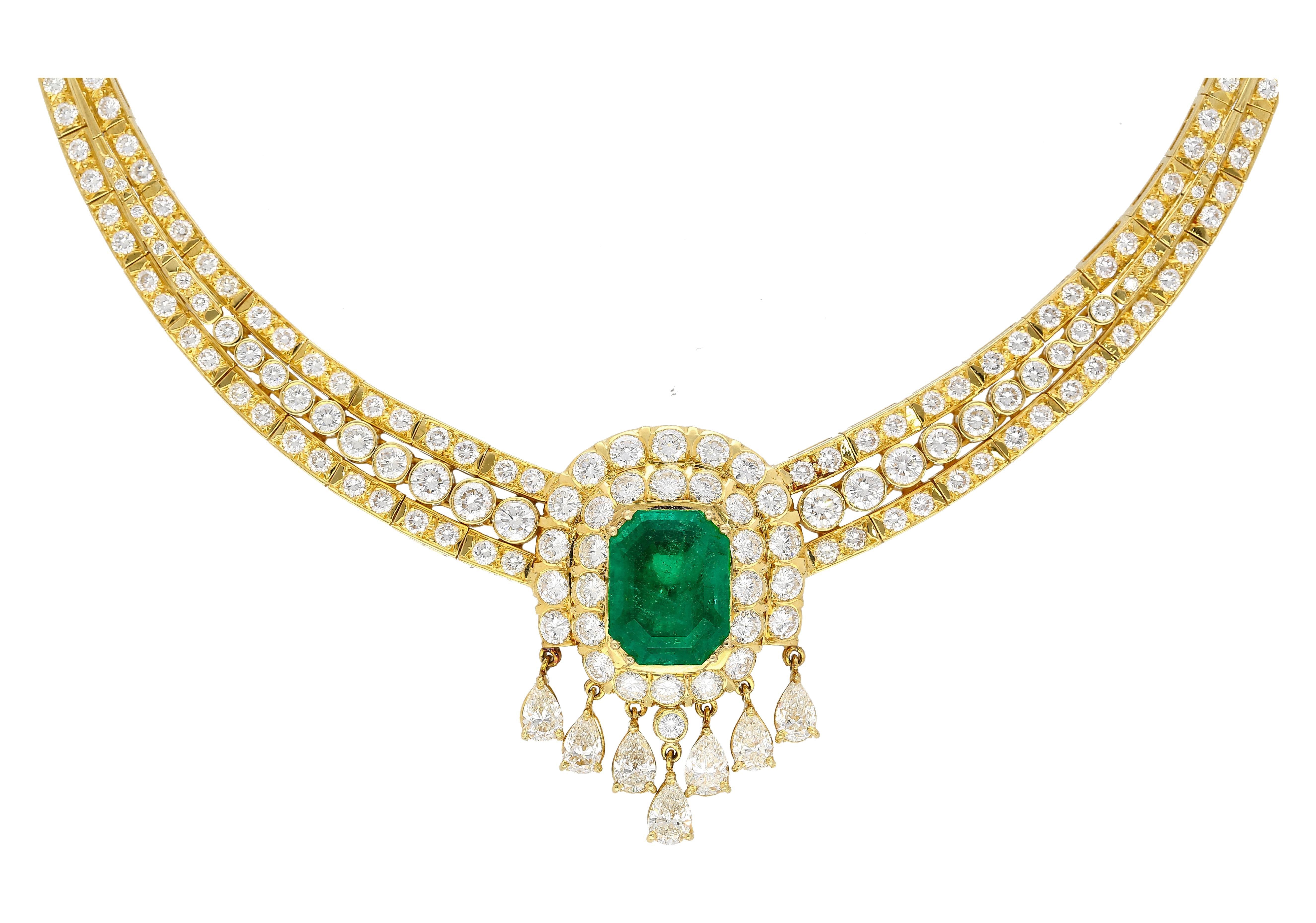 8.12 Carat Colombian Emerald & Diamond Chandelier Regal Choker Necklace in 18k
