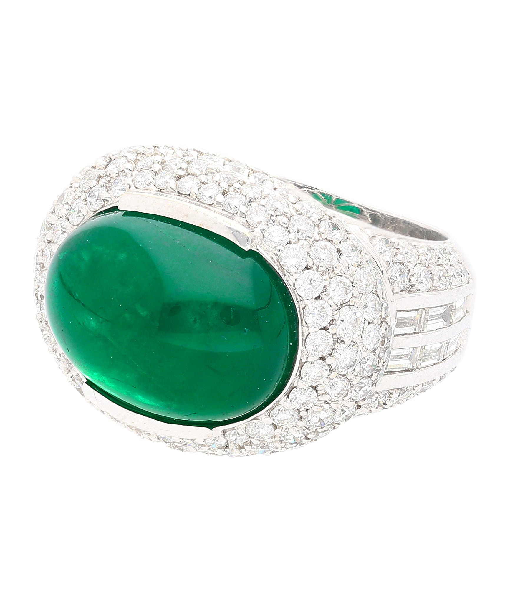 AGL Certified 10 Carat Cabochon Cut Minor Oil Emerald and Diamond Cluster Ring in 18K White Gold-Rings-ASSAY