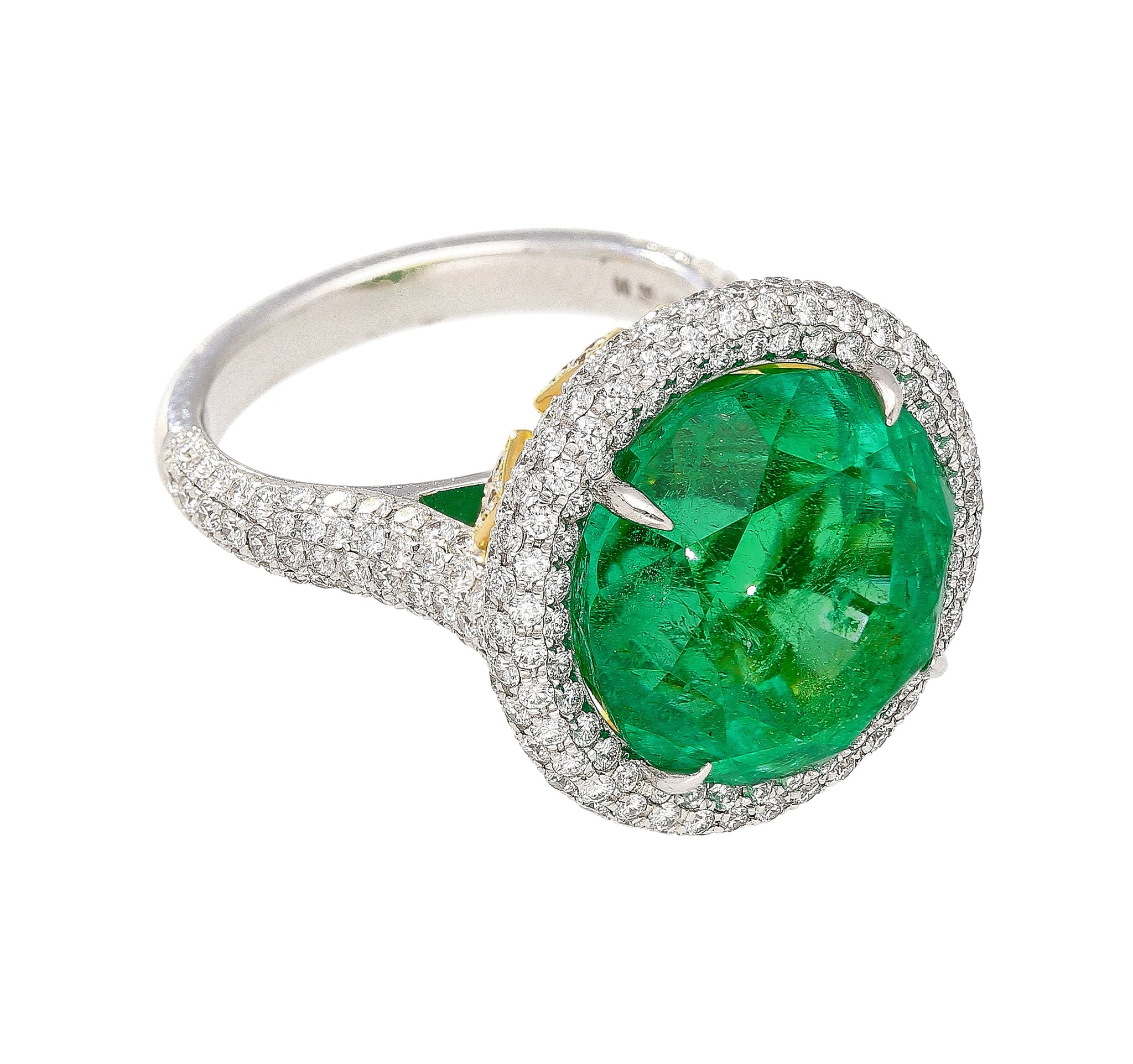 AGL Certified 15 Carat Round Cut Colombian Emerald and Diamond Halo Ring