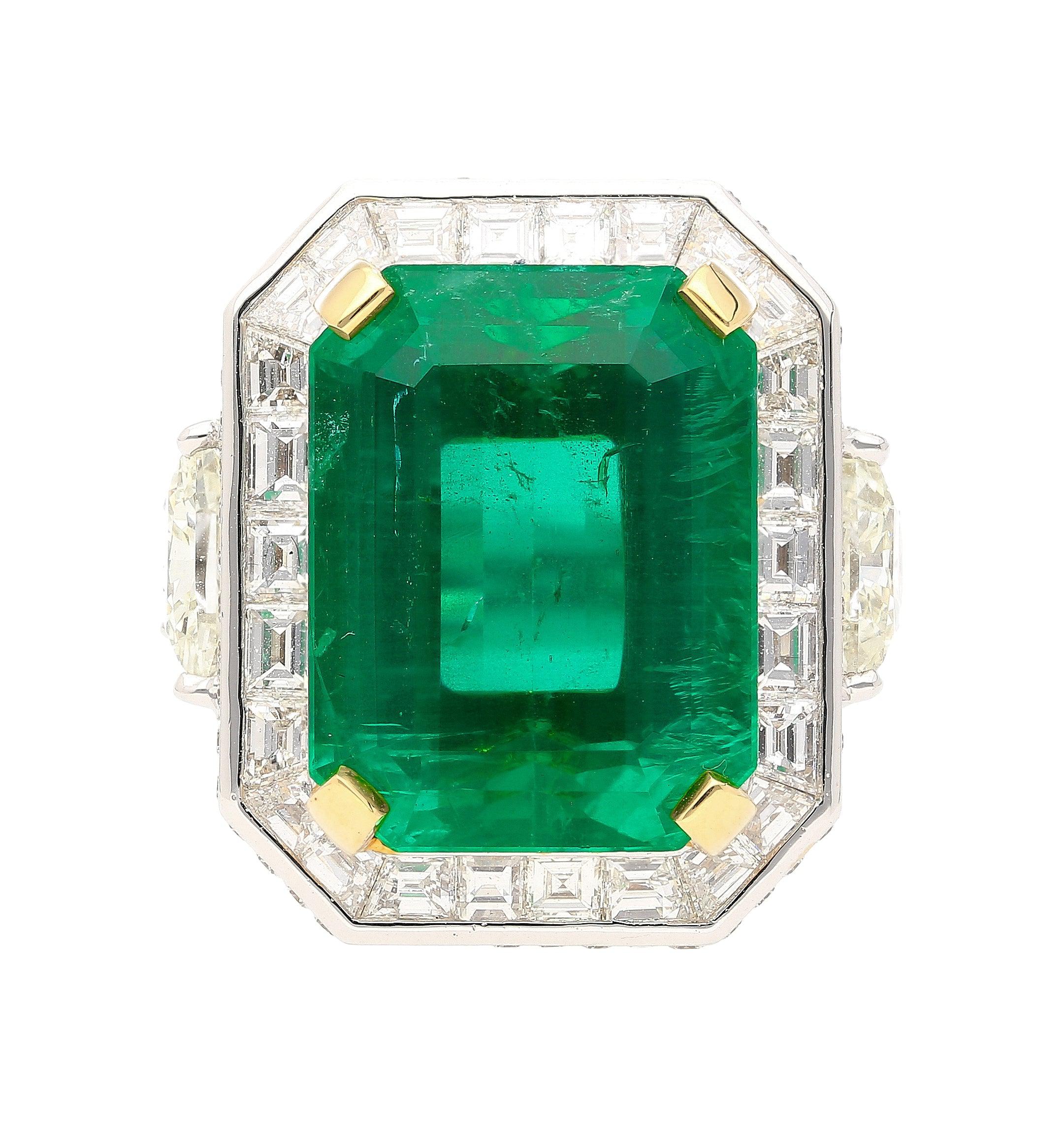 AGL Certified 15.78 Carat No Oil Emerald Cut Emerald and Half Moon Cut Diamond Ring in 18K Gold-Rings-ASSAY
