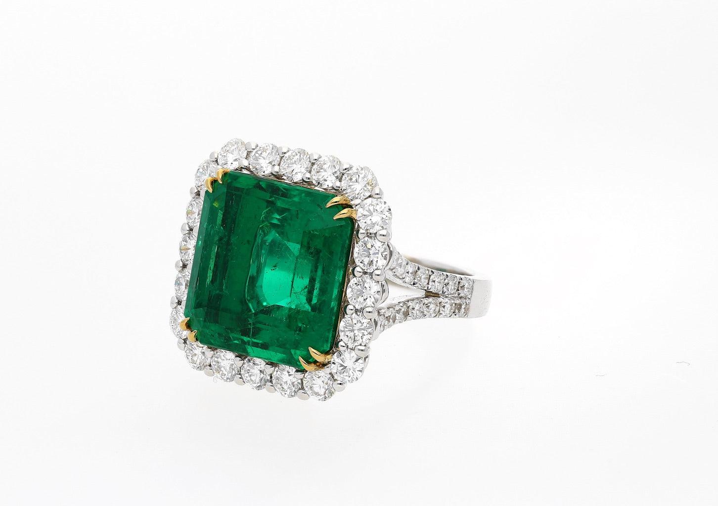 AGL Certified 16.46 Carat Minor Oil Vivid Colombian Emerald and Diamond Halo Ring-Rings-ASSAY