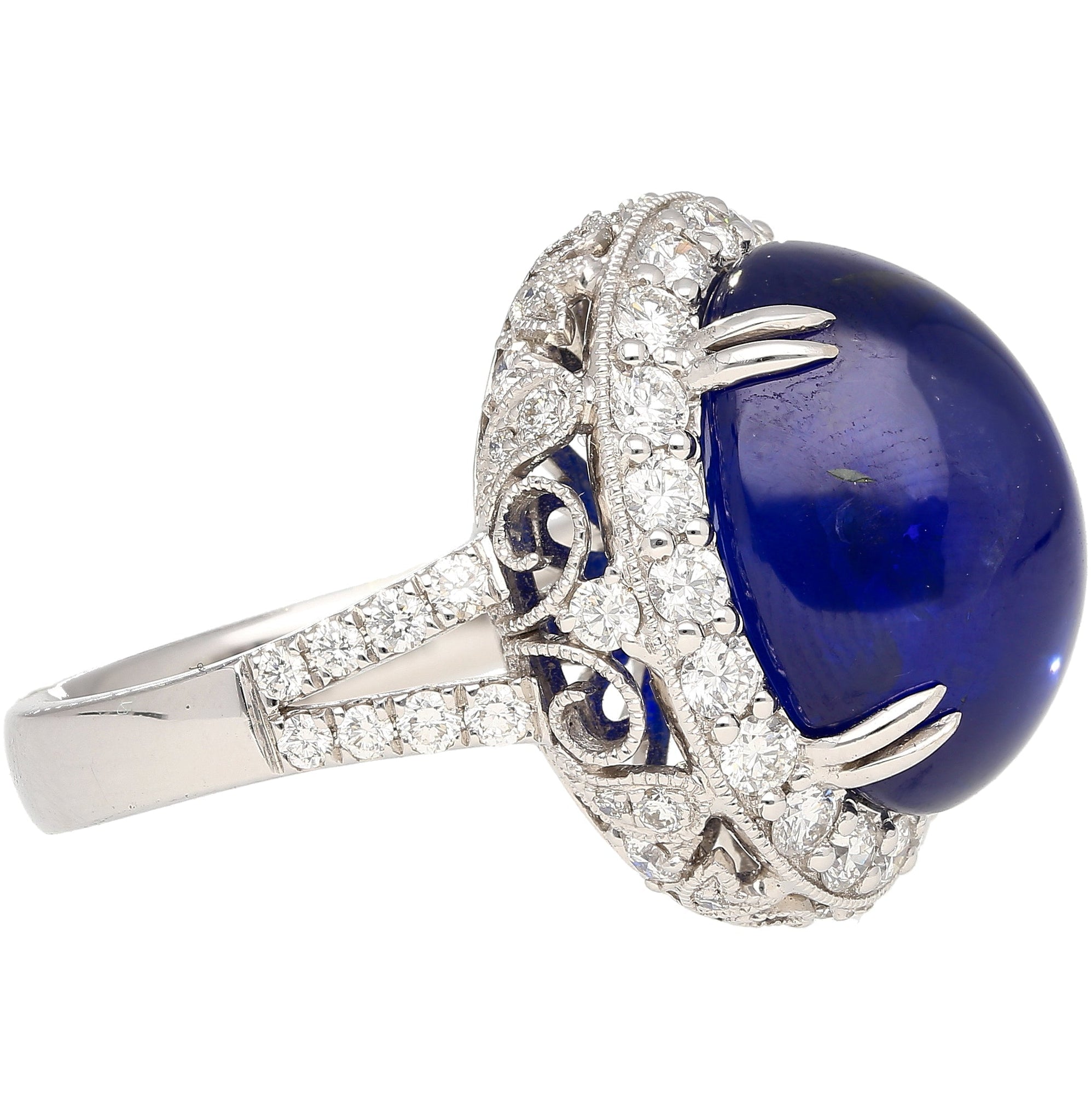 AGL Certified 16.68 Carat Cabochon Cut Ceylon Blue Sapphire Ring with Diamond Halo and Filigree Set 18K White Gold