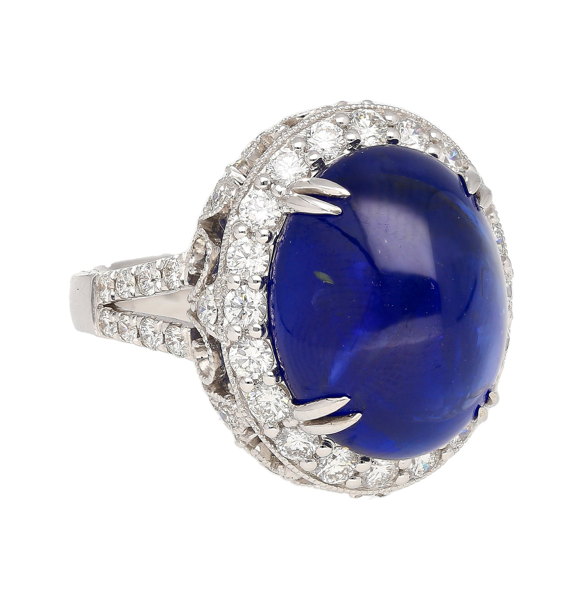 AGL Certified 16.68 Carat Cabochon Cut Ceylon Blue Sapphire Ring with Diamond Halo and Filigree Set 18K White Gold