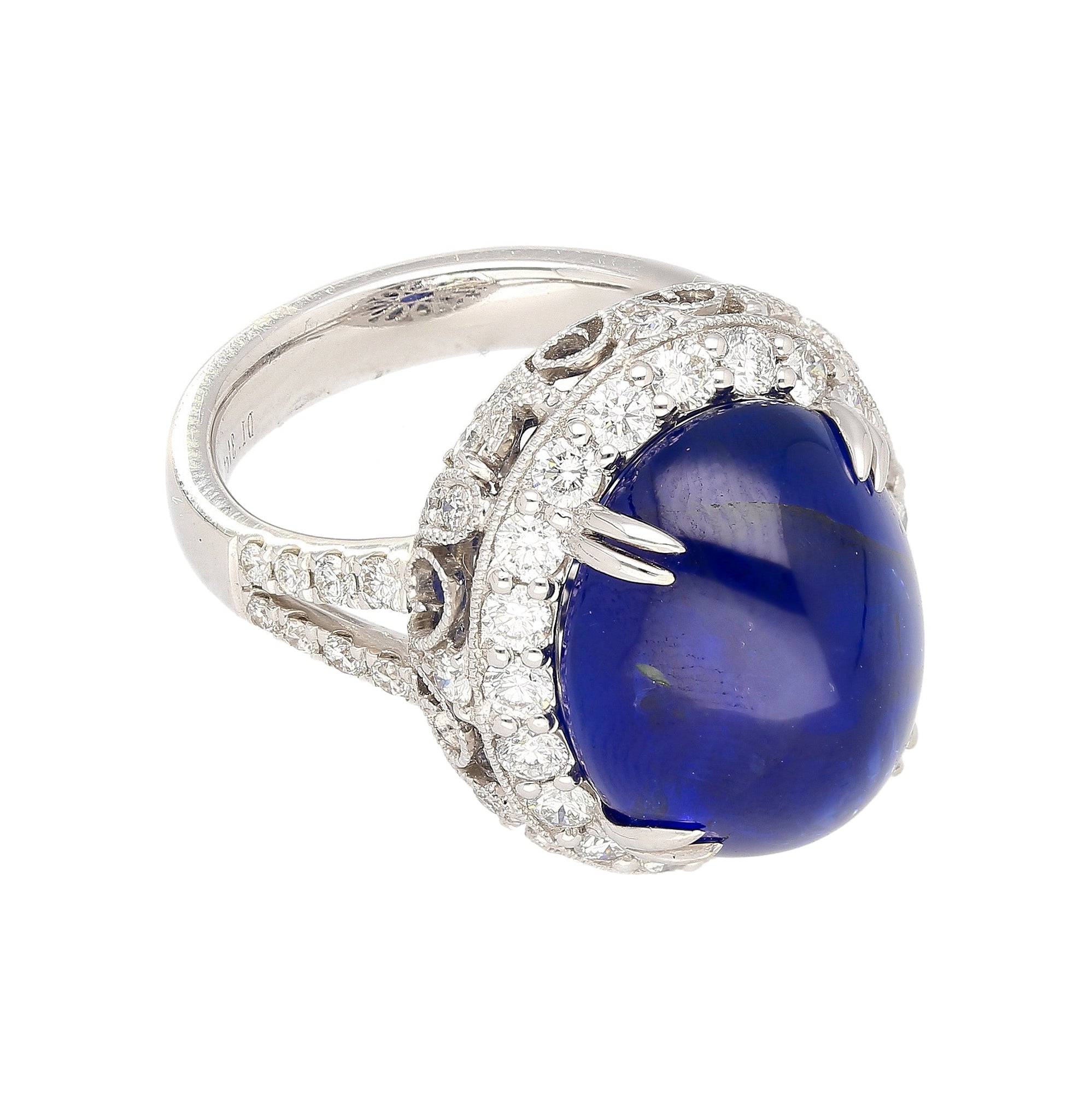 AGL Certified 16.68 Carat Cabochon Cut Ceylon Blue Sapphire Ring with Diamond Halo and Filigree Set 18K White Gold-Rings-ASSAY