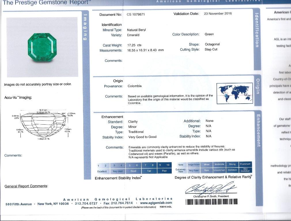 AGL Certified 17 Carat Octagonal Cut Minor Oil Colombian Emerald Ring