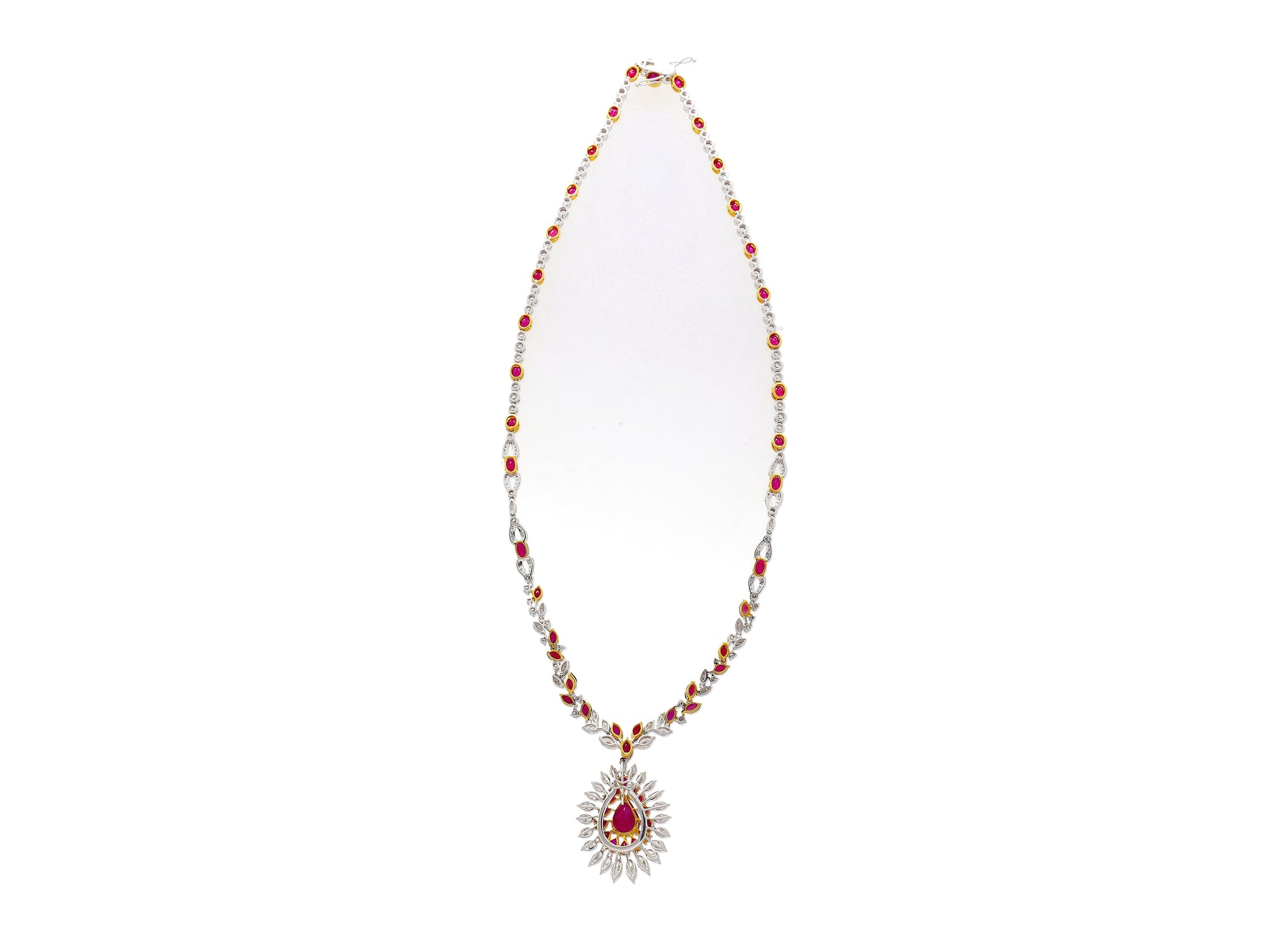 AGL Certified 22 Carat Pear Cut Burma Ruby and Diamond Chandelier Necklace-Necklace-ASSAY