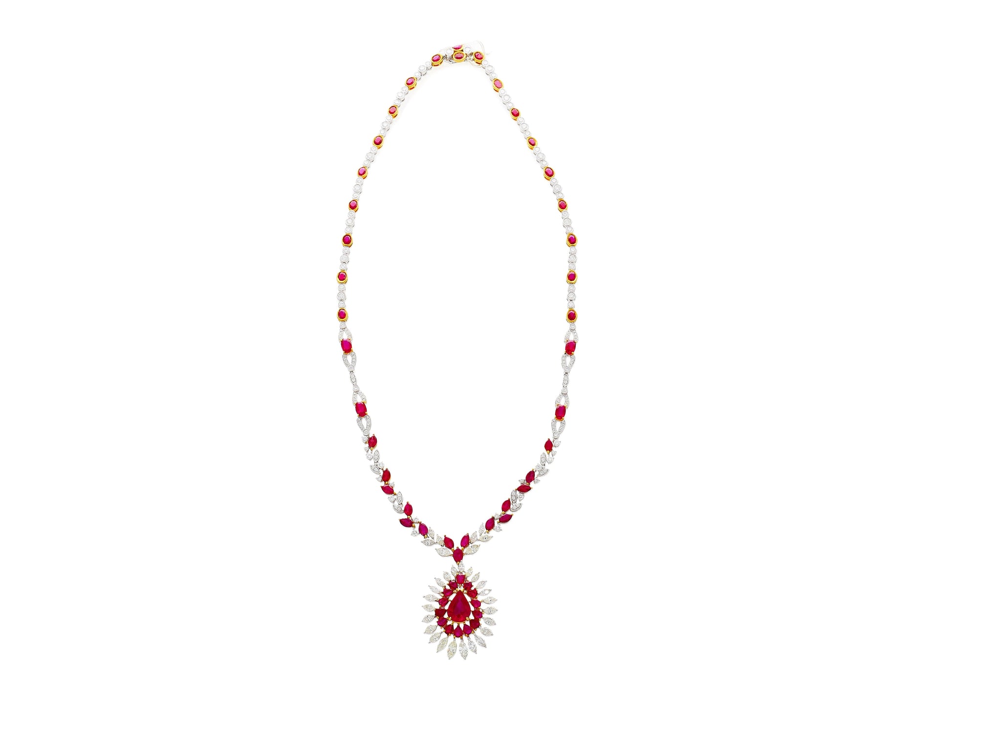 AGL Certified 22 Carat Pear Cut Burma Ruby and Diamond Chandelier Necklace