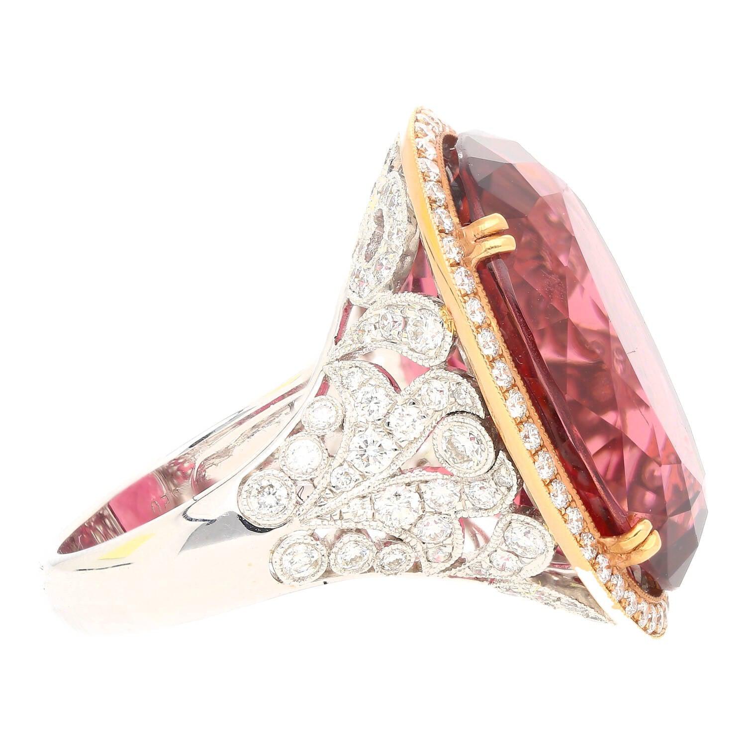 AGL Certified 28.29 Carat No Heat Purplish Pink Tourmaline & Round Diamond 18K White Gold Ring-Semi Precious Jewelry-ASSAY