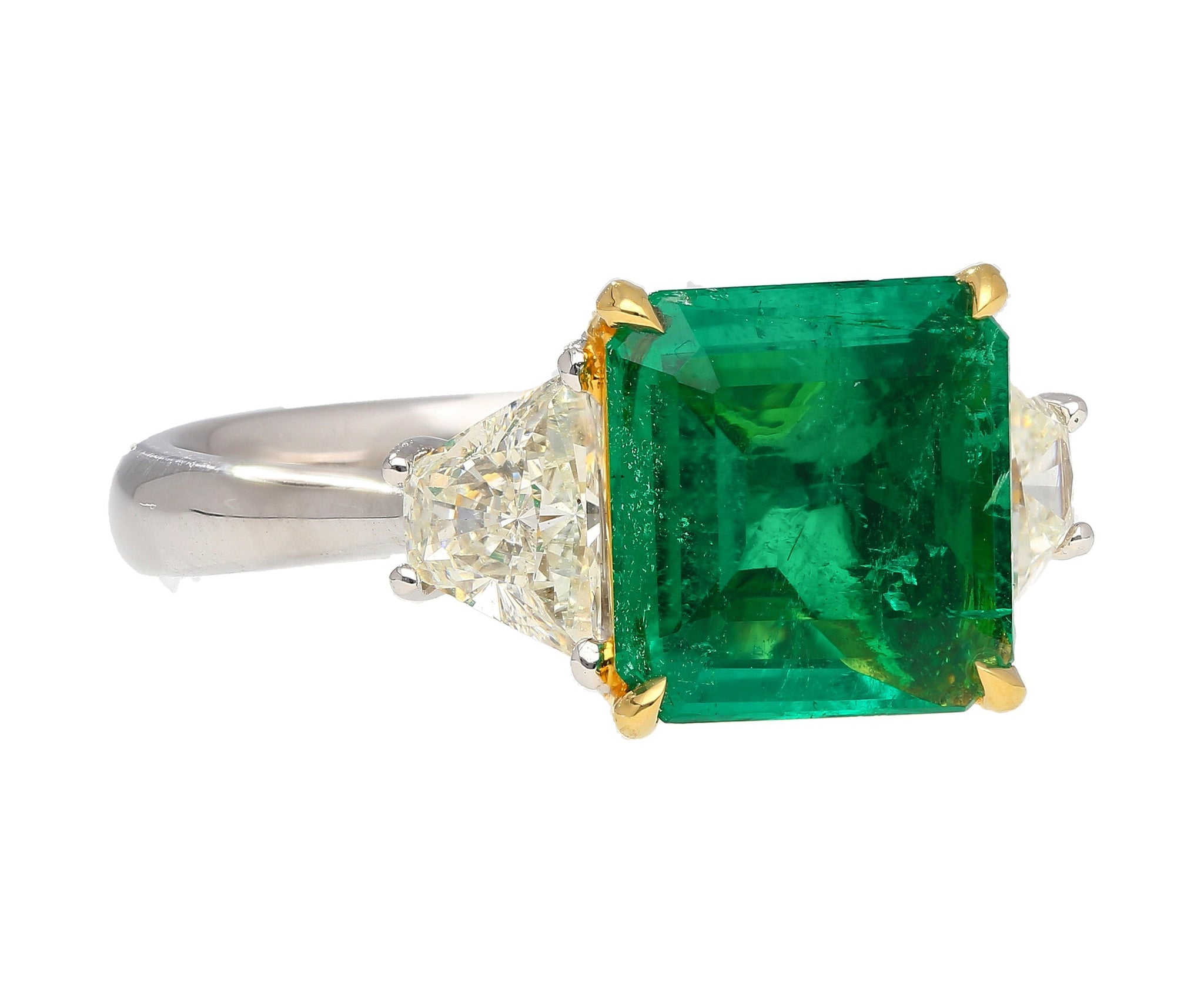 AGL Certified 2.44 Carat No Oil Colombian Emerald and Trapezoid Diamond Engagement Ring