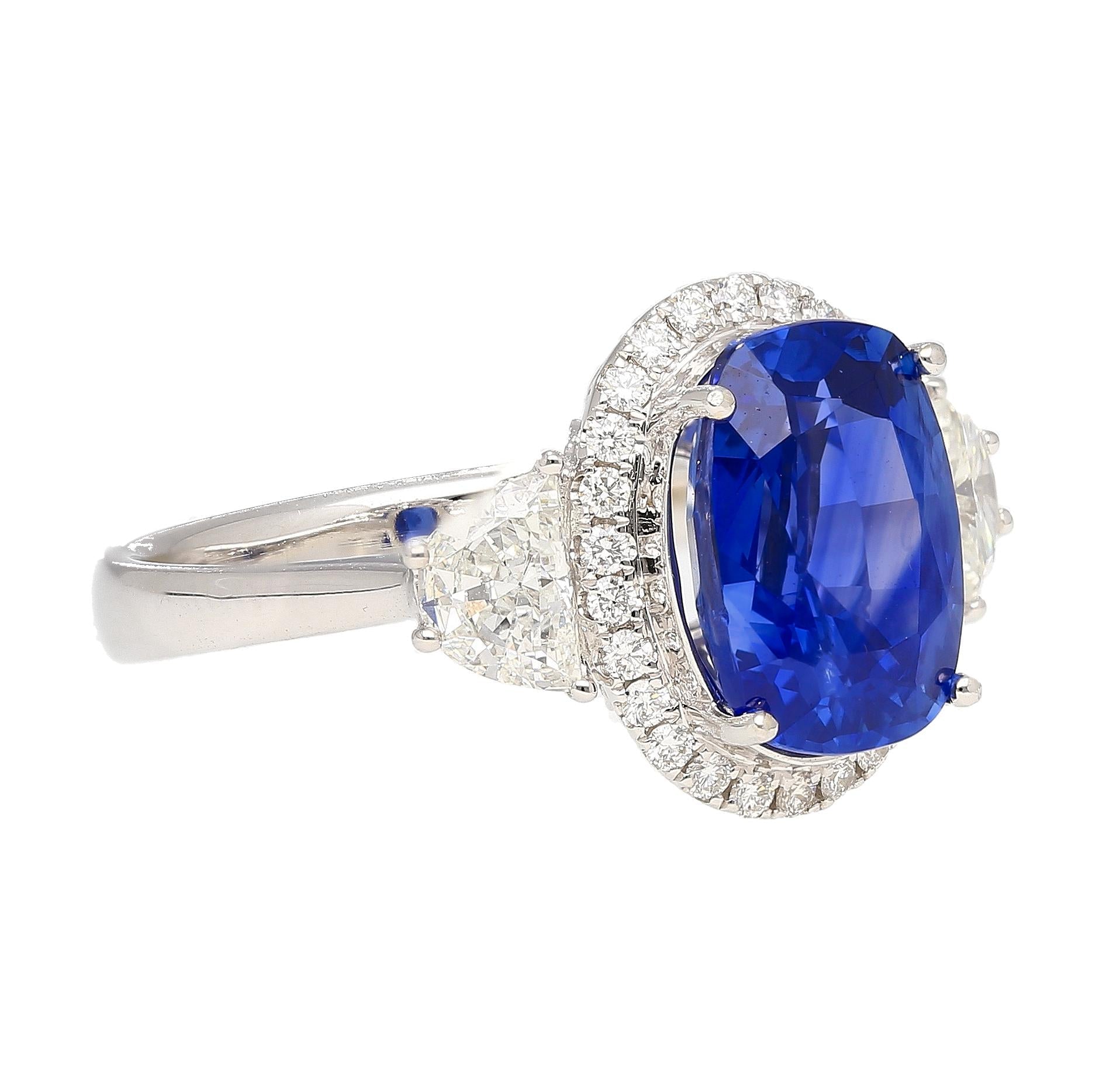 AGL Certified 4.49 Carat No Heat Burma Sapphire & Half Moon Diamond Ring