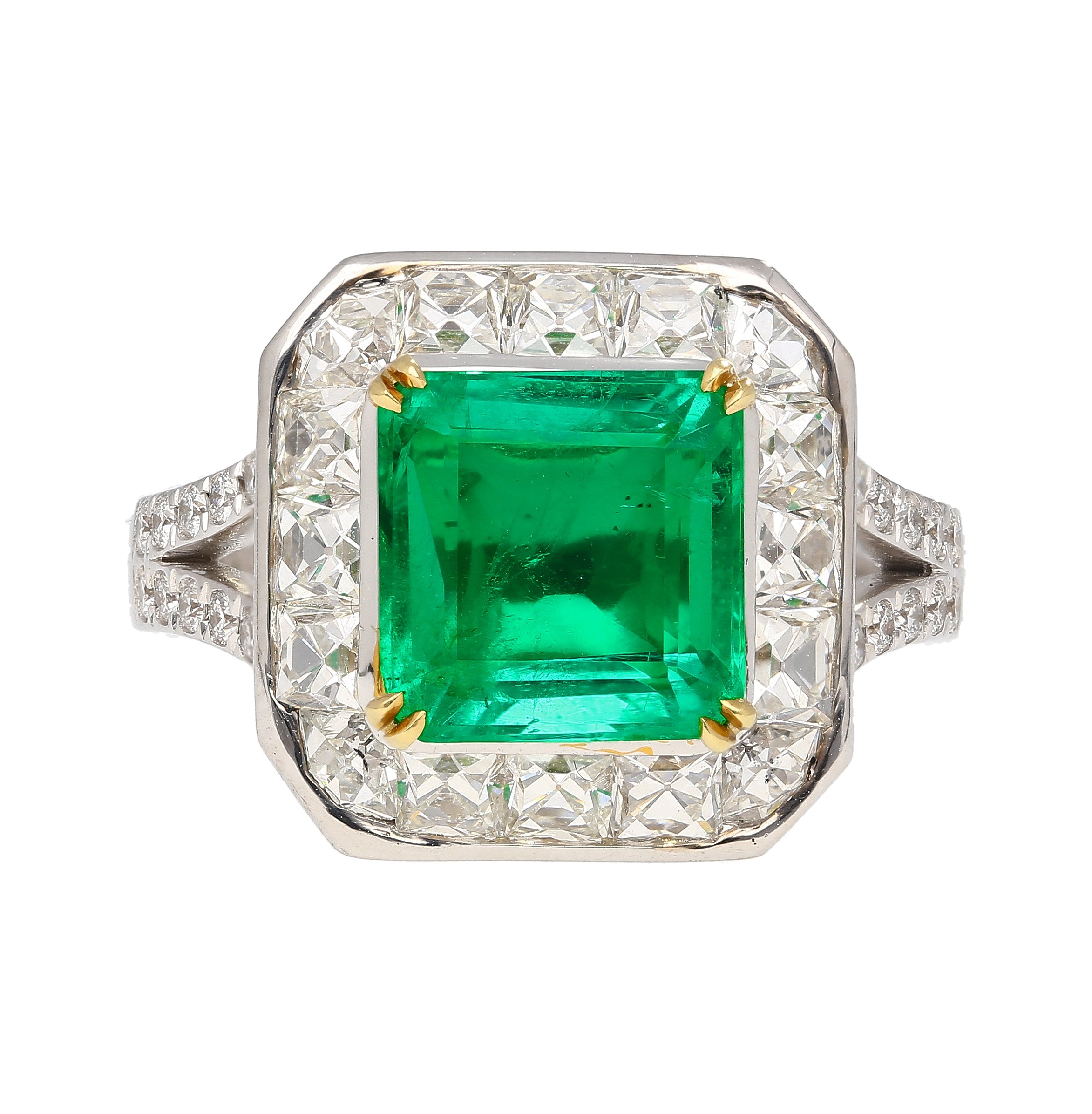 AGL Certified No Oil 2.54 Carat Colombian Emerald and Old French Cut Diamond Ring-Rings-ASSAY