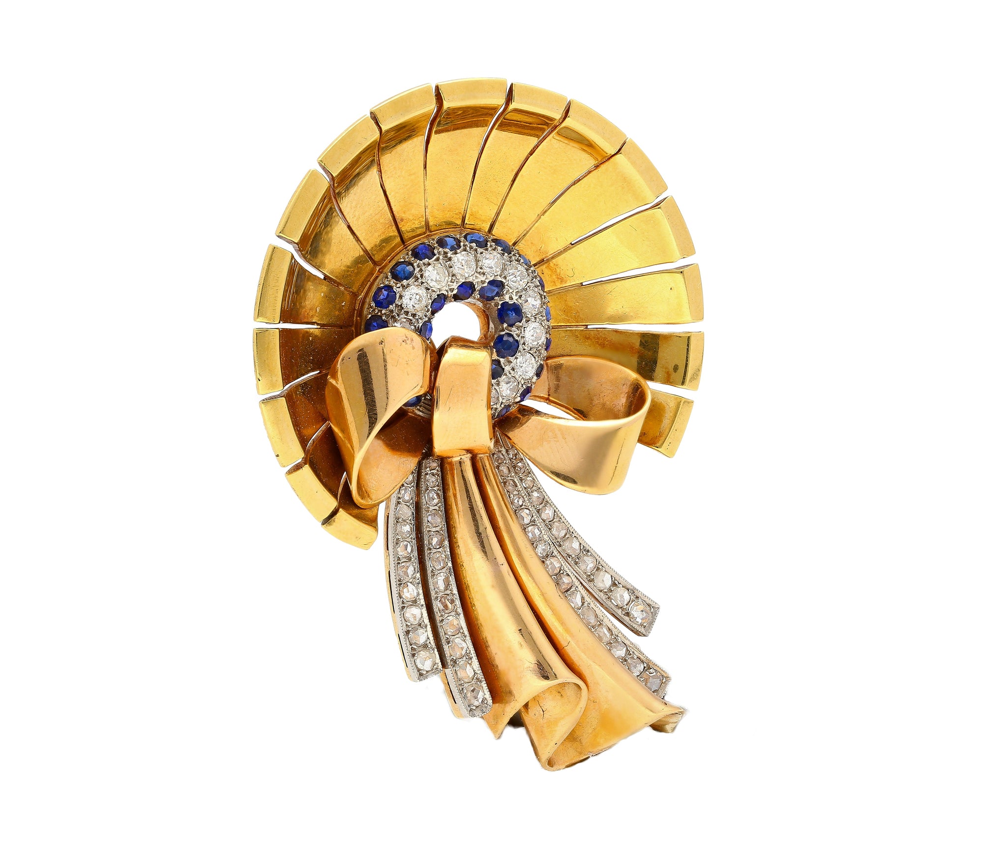 Antique 1940's Diamond & Sapphire Bonnet (Hat) and Ribbon Brooch in 18K Rose & Yellow Gold
