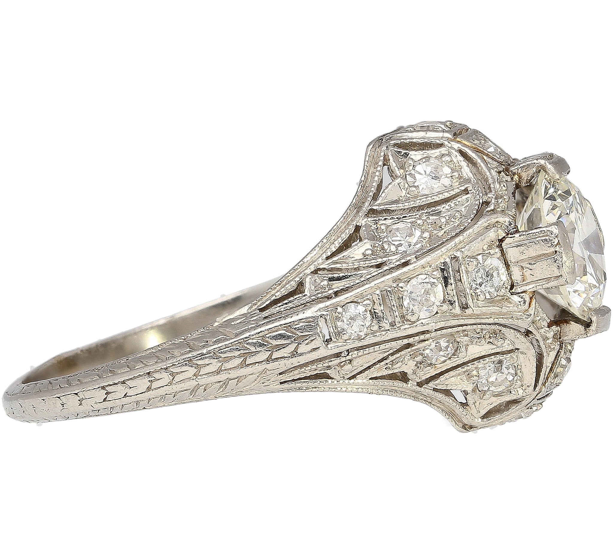 Antique Art Deco Era Platinum 1 Carat Old European Cut Diamond Ring Rings
