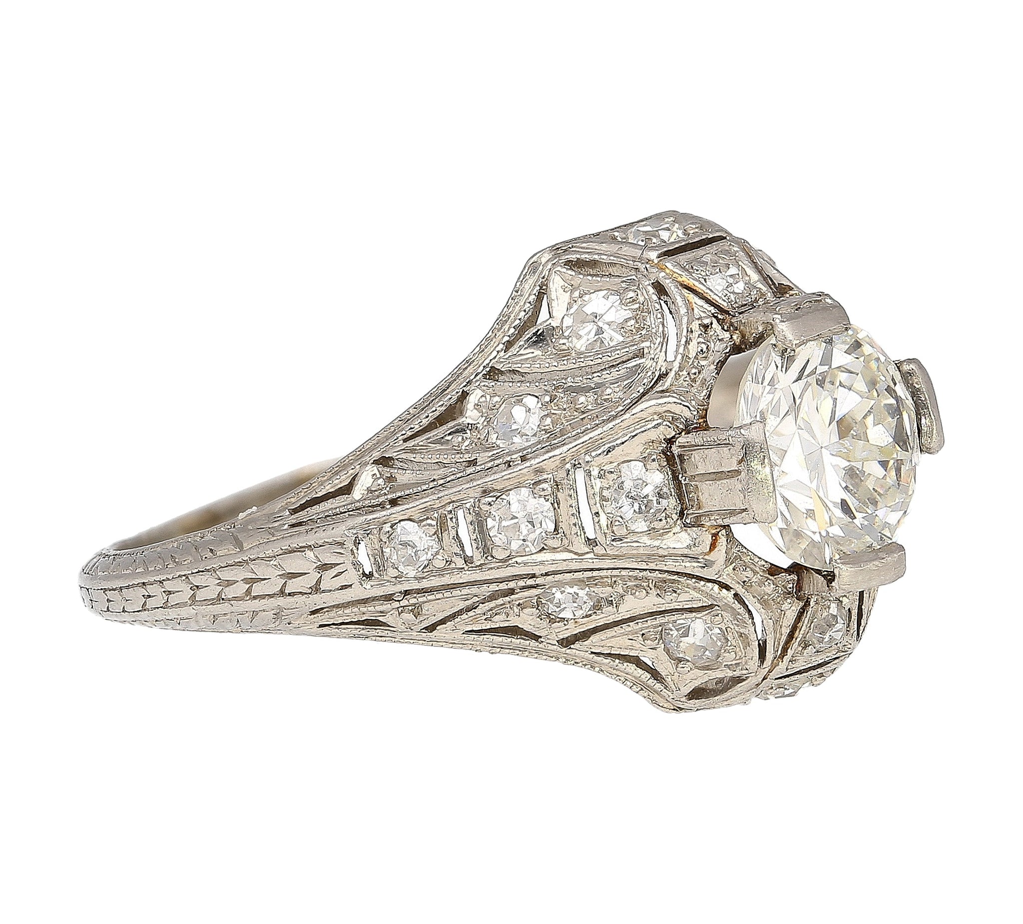 Antique Art Deco Era Platinum 1 Carat Old European Cut Diamond Ring