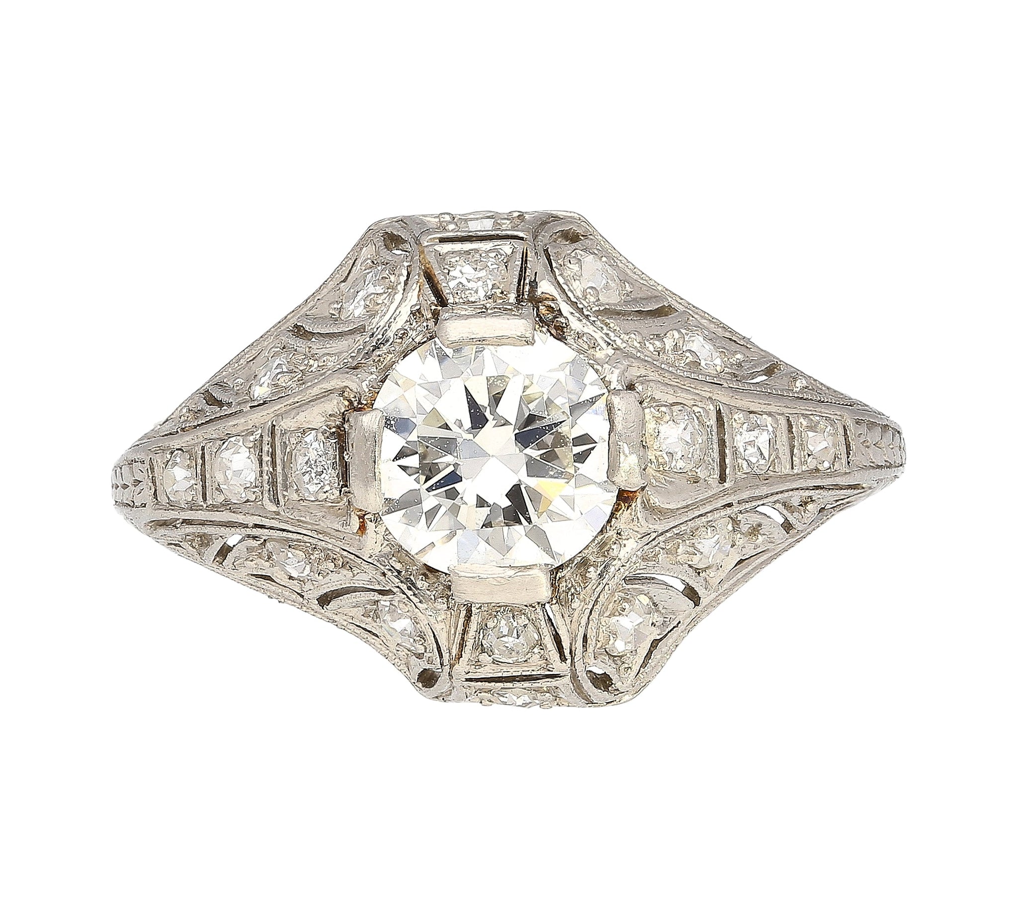 Antique Art Deco Era Platinum 1 Carat Old European Cut Diamond Ring