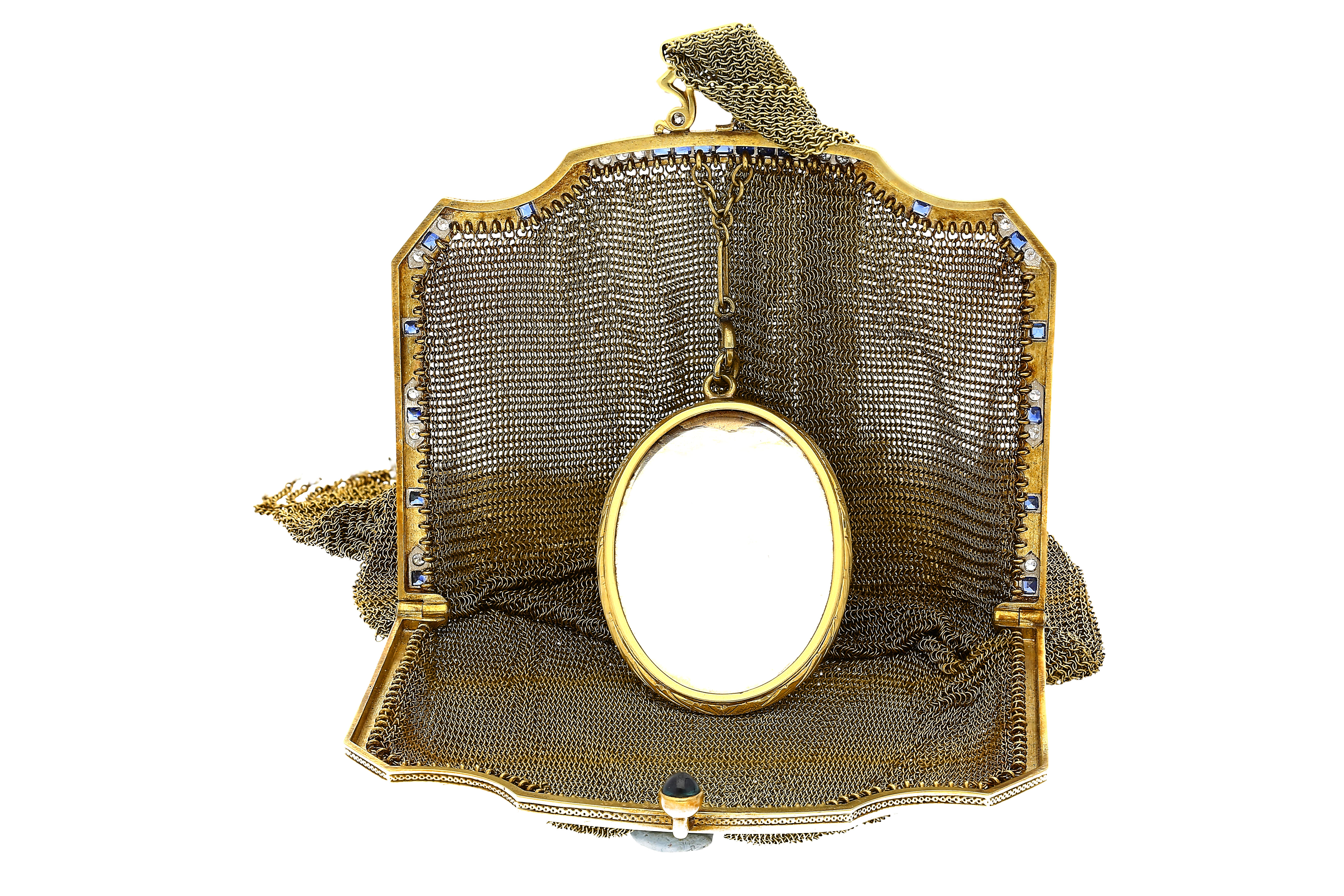 Antique Art Deco Evening Bag In 14k Gold, Platinum, Diamonds and Sapphires With Compact Mirror-Evening Bag-ASSAY