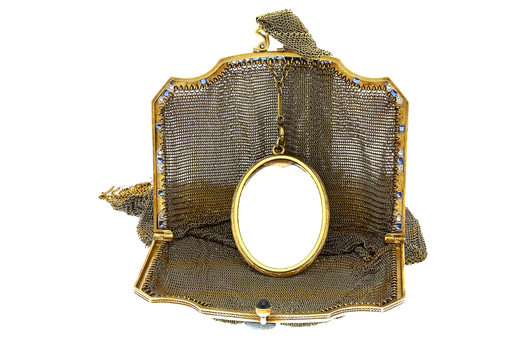 Antique Art Deco Evening Bag In 14k Gold, Platinum, Diamonds and Sapphires With Compact Mirror