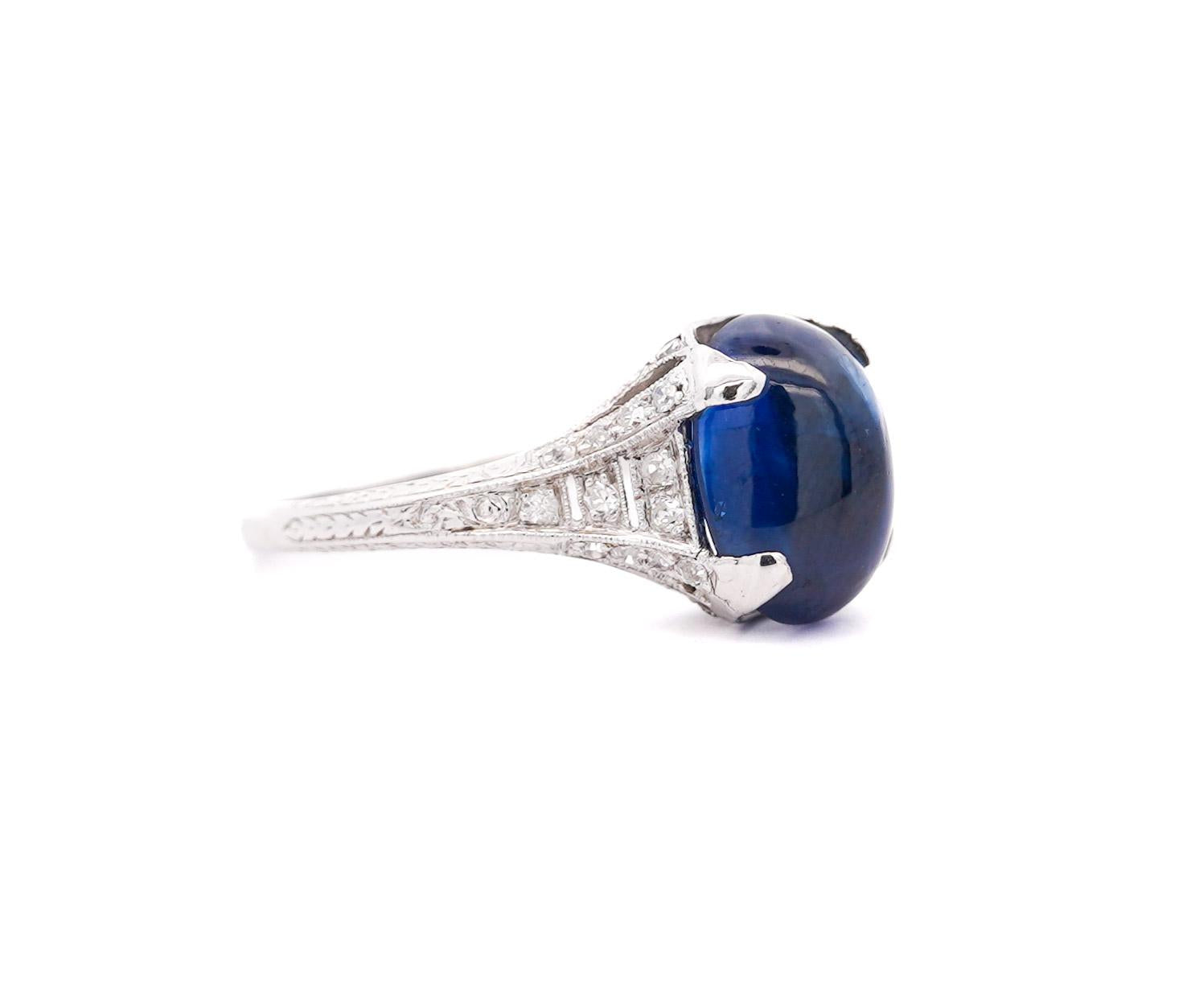 Antique Platinum 5.50 Carat Cabochon-Cut Ceylon Sapphire & Diamond Ring