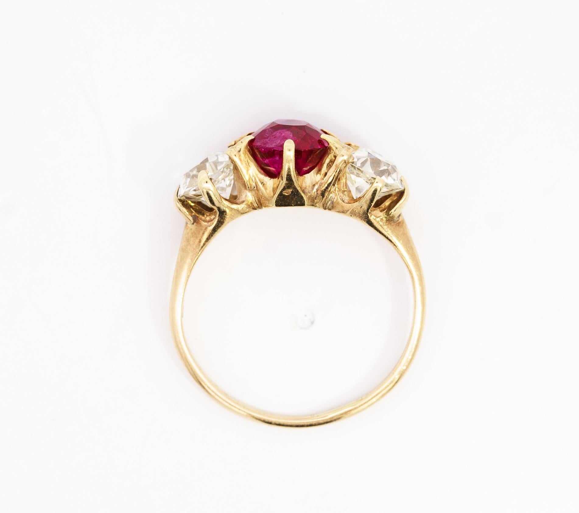 Antique Red Spinel and Old Mine Diamond 14K Yellow Gold Three-Stone Ring