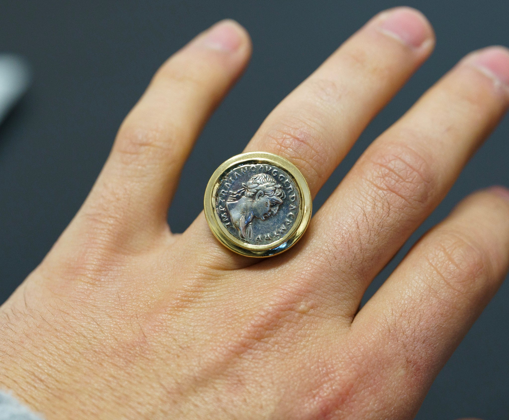 Ancient Greek Zeus Coin in Gold Mens Ring