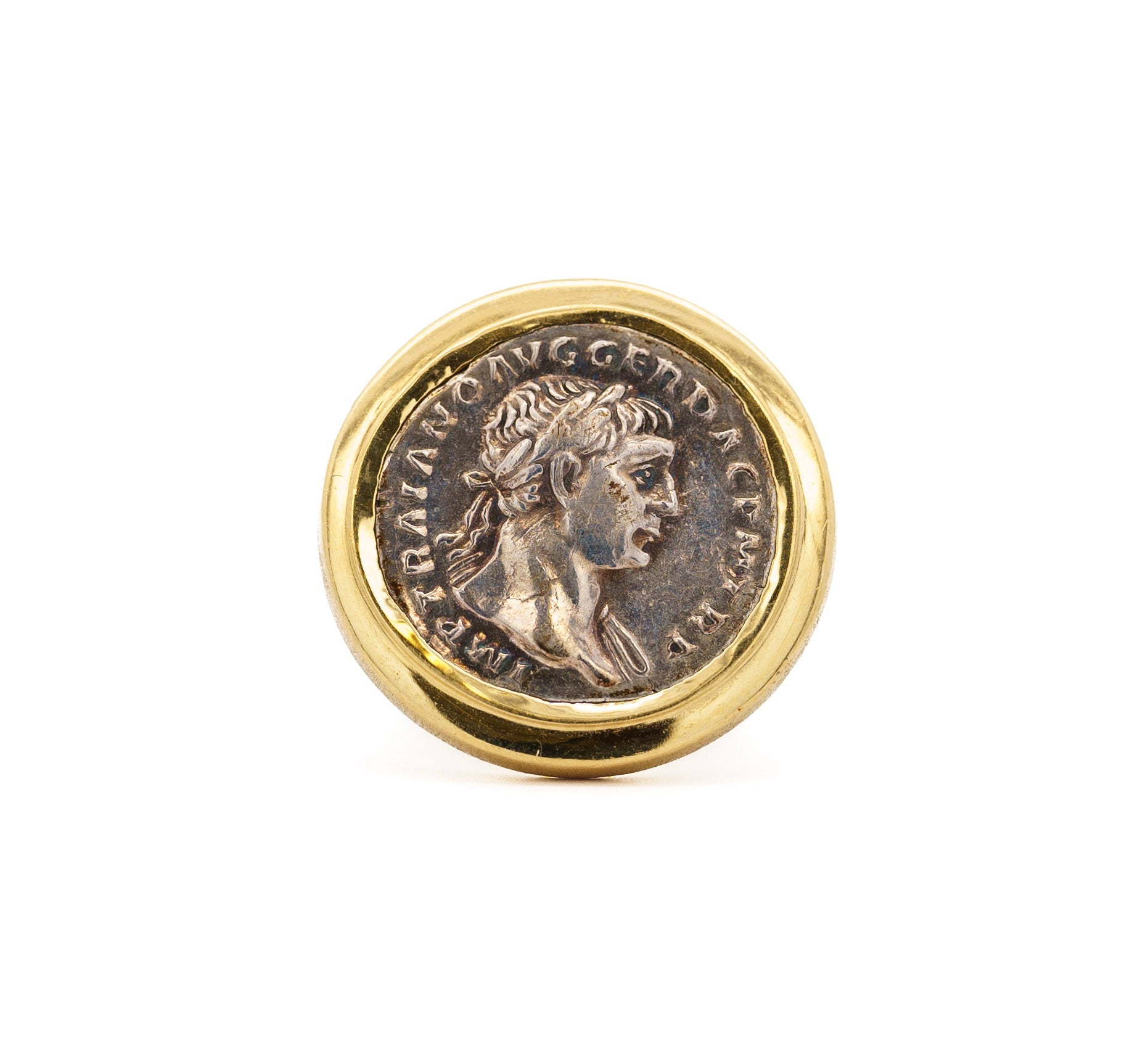Antique Roman "Trajan" Dupondius Coin Brushed Gold Men's 18K Yellow Gold Ring-Rings-ASSAY