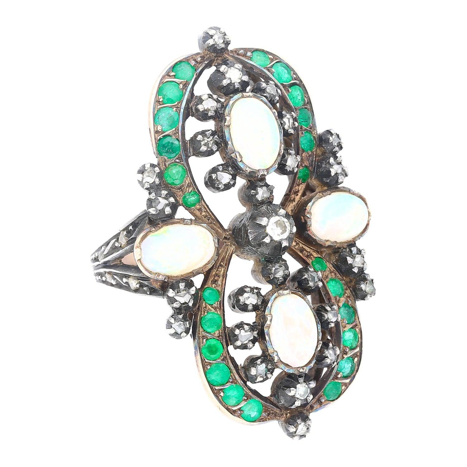 Antique Victorian Era 1800s Opal, Emerald, and Diamond Ring in Gold and Silver