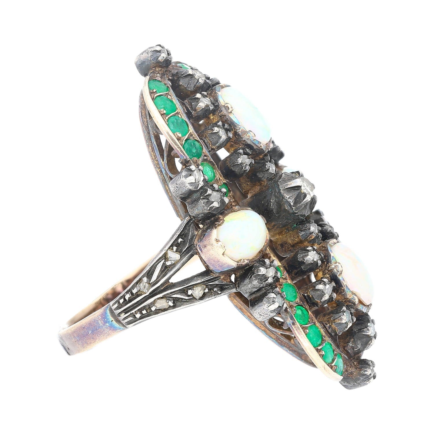 Antique Victorian Era 1800s Opal, Emerald, and Diamond Ring in Gold and Silver