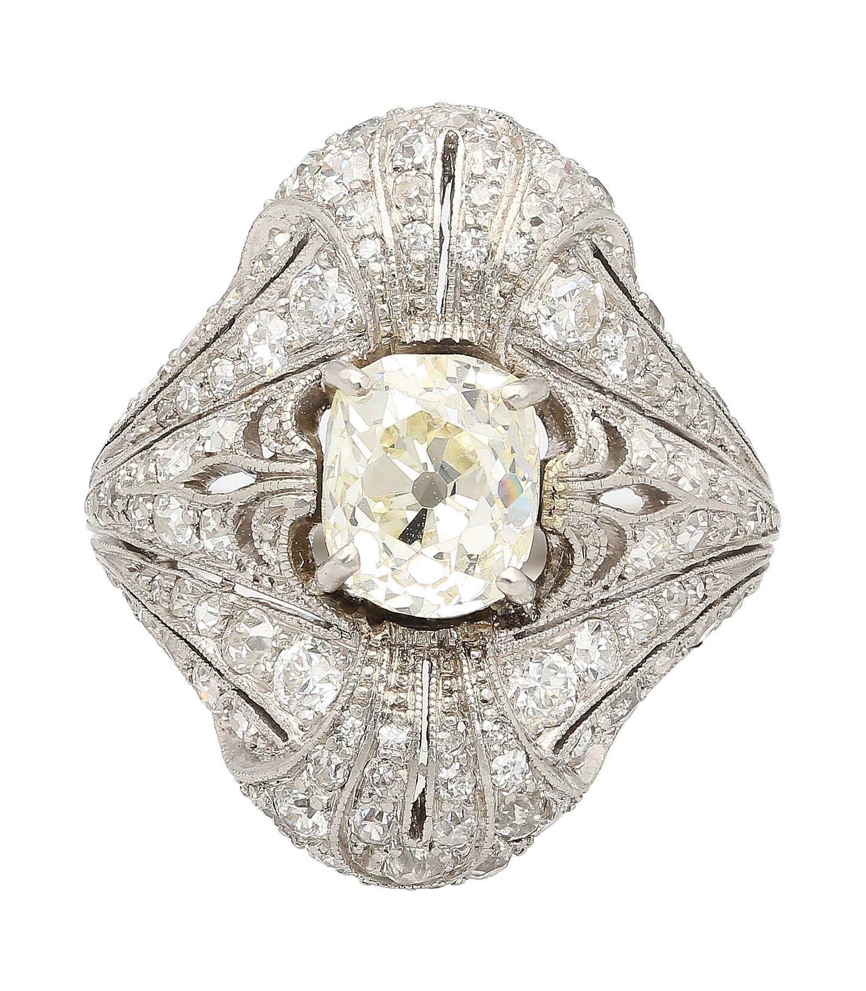 Art Deco 1.55 Carat Old European Cut Diamond Milgrain Filigree Platinum Ring-Rings-ASSAY