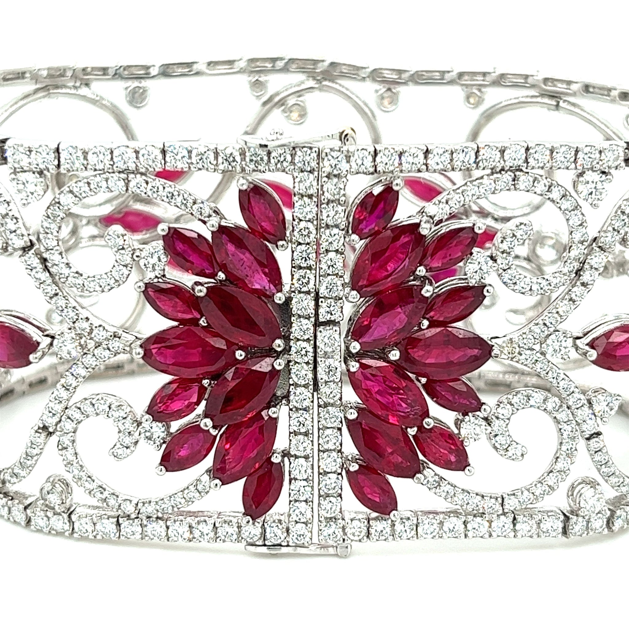 Art Deco 35 Carat Ruby & 11 Carat Diamond Filigree Floral Motif Bracelet in 18K White Gold-Bracelets-ASSAY