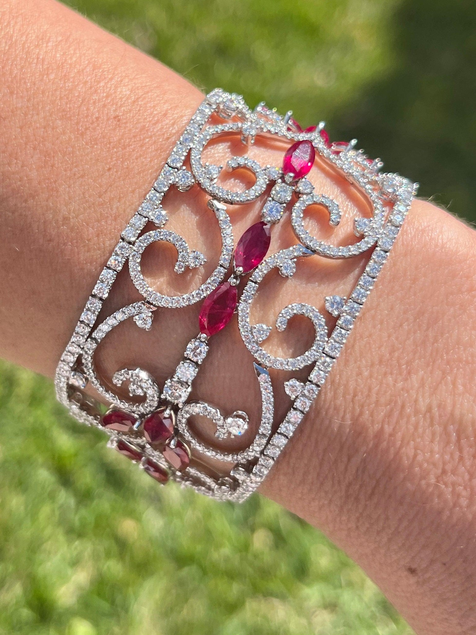 Art Deco 35 Carat Ruby & 11 Carat Diamond Filigree Floral Motif Bracelet in 18K White Gold-Bracelets-ASSAY