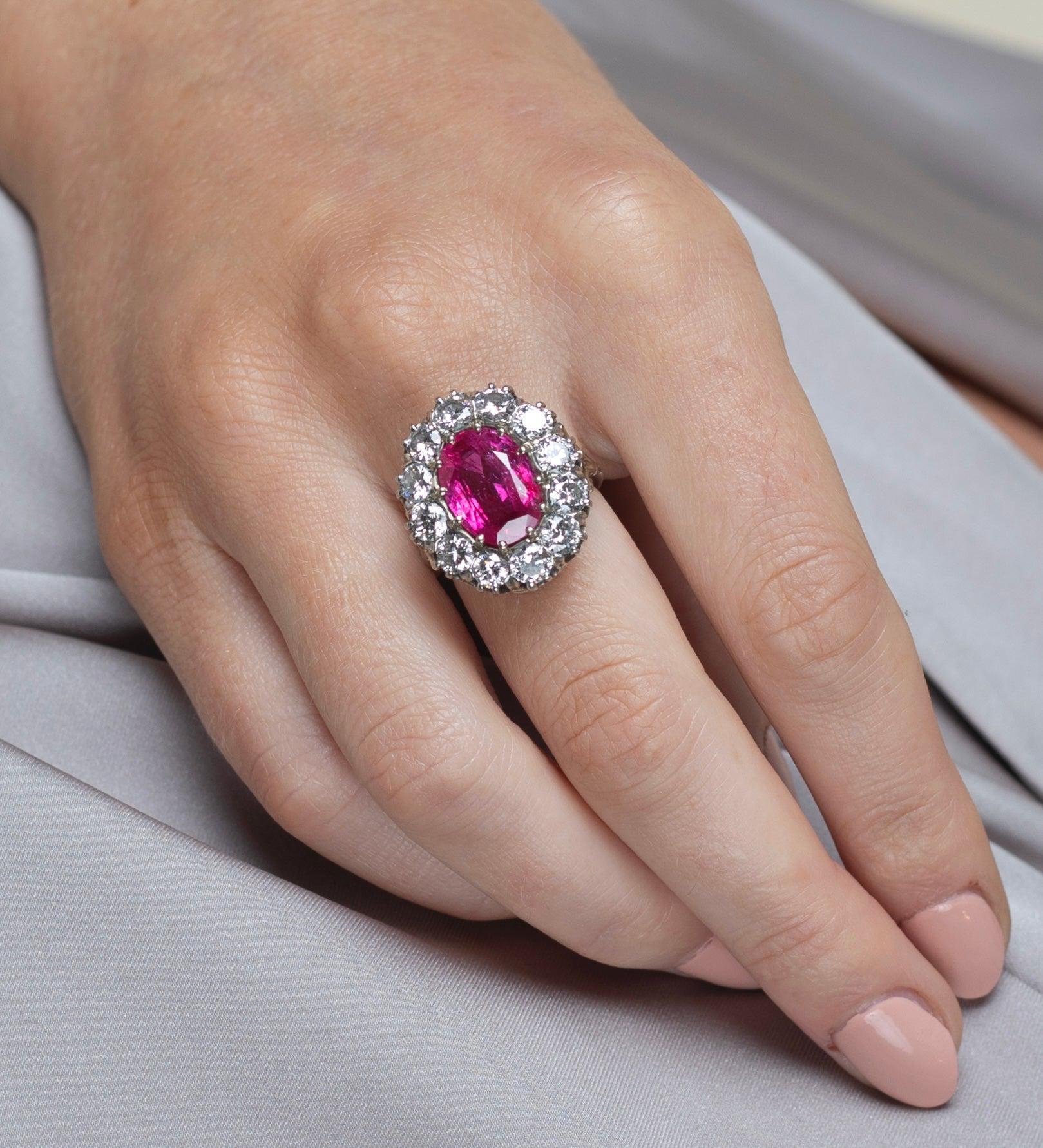 Art Deco AGL Certified 5.52 Carat Oval Cut Burma Ruby and Round Diamond Halo Ring-Rings-ASSAY