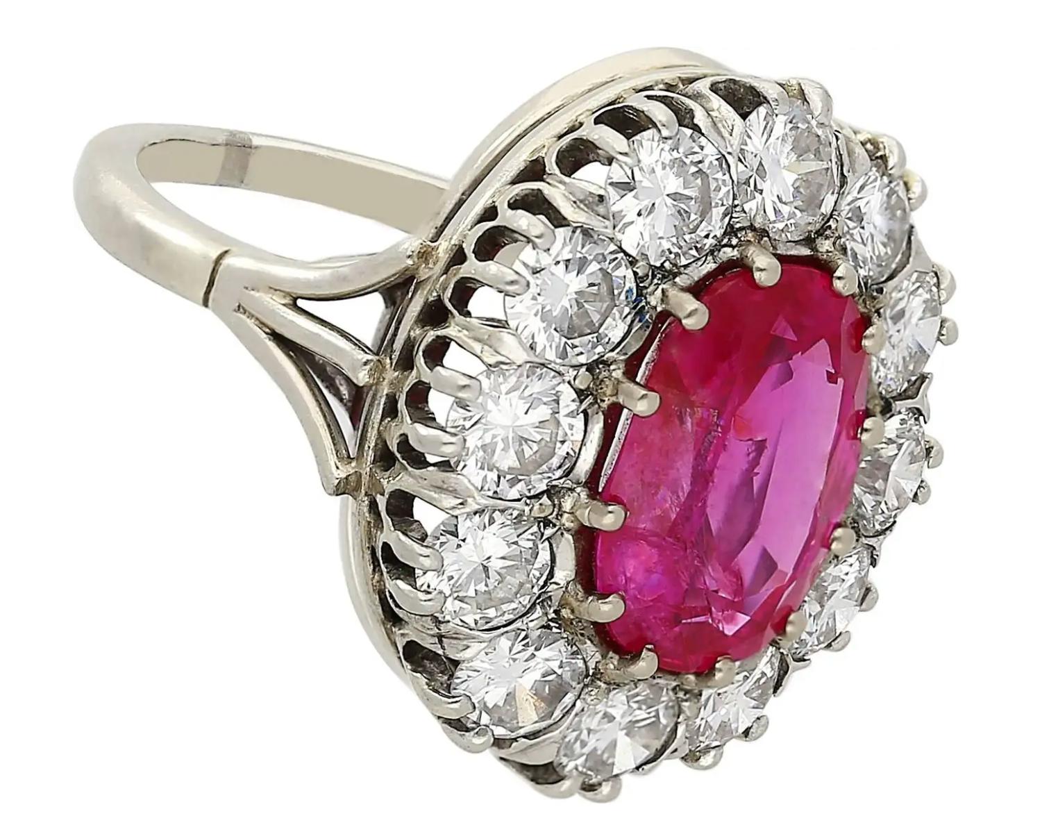 Art Deco AGL Certified No Heat 5.52 Carat Oval Cut Burma Ruby and Round Diamond Halo Ring-Rings-ASSAY