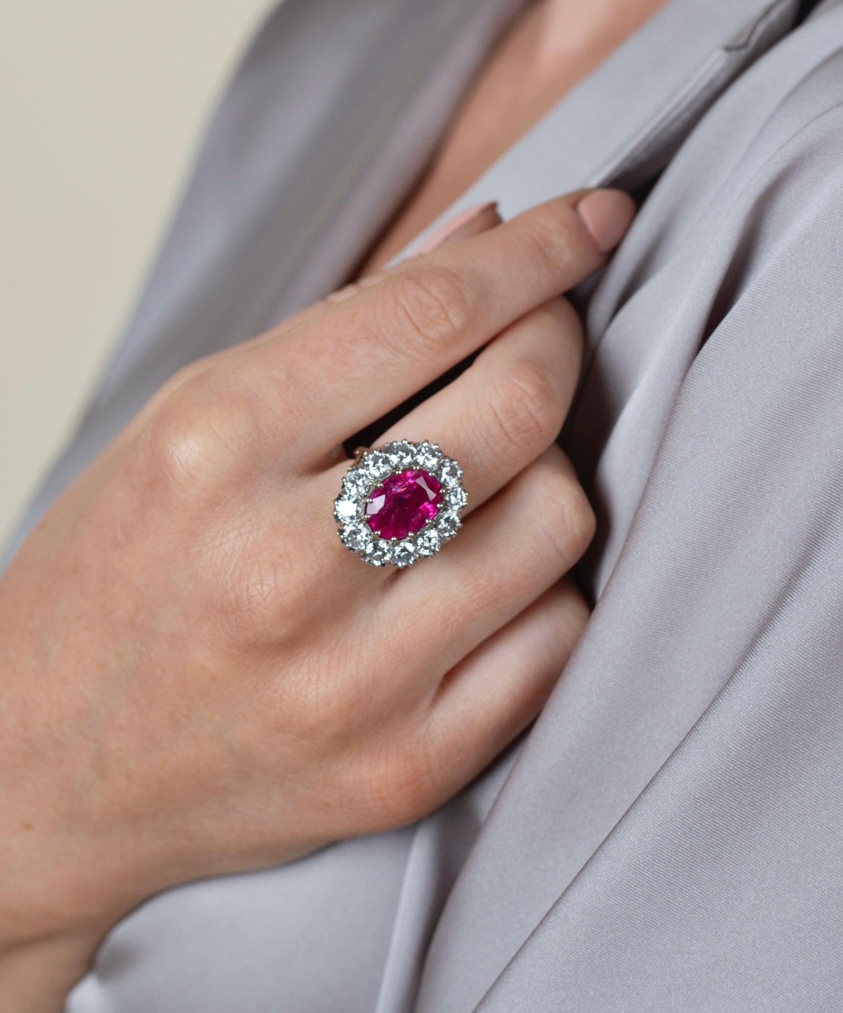 Art Deco AGL Certified No Heat 5.52 Carat Oval Cut Burma Ruby and Round Diamond Halo Ring-Rings-ASSAY