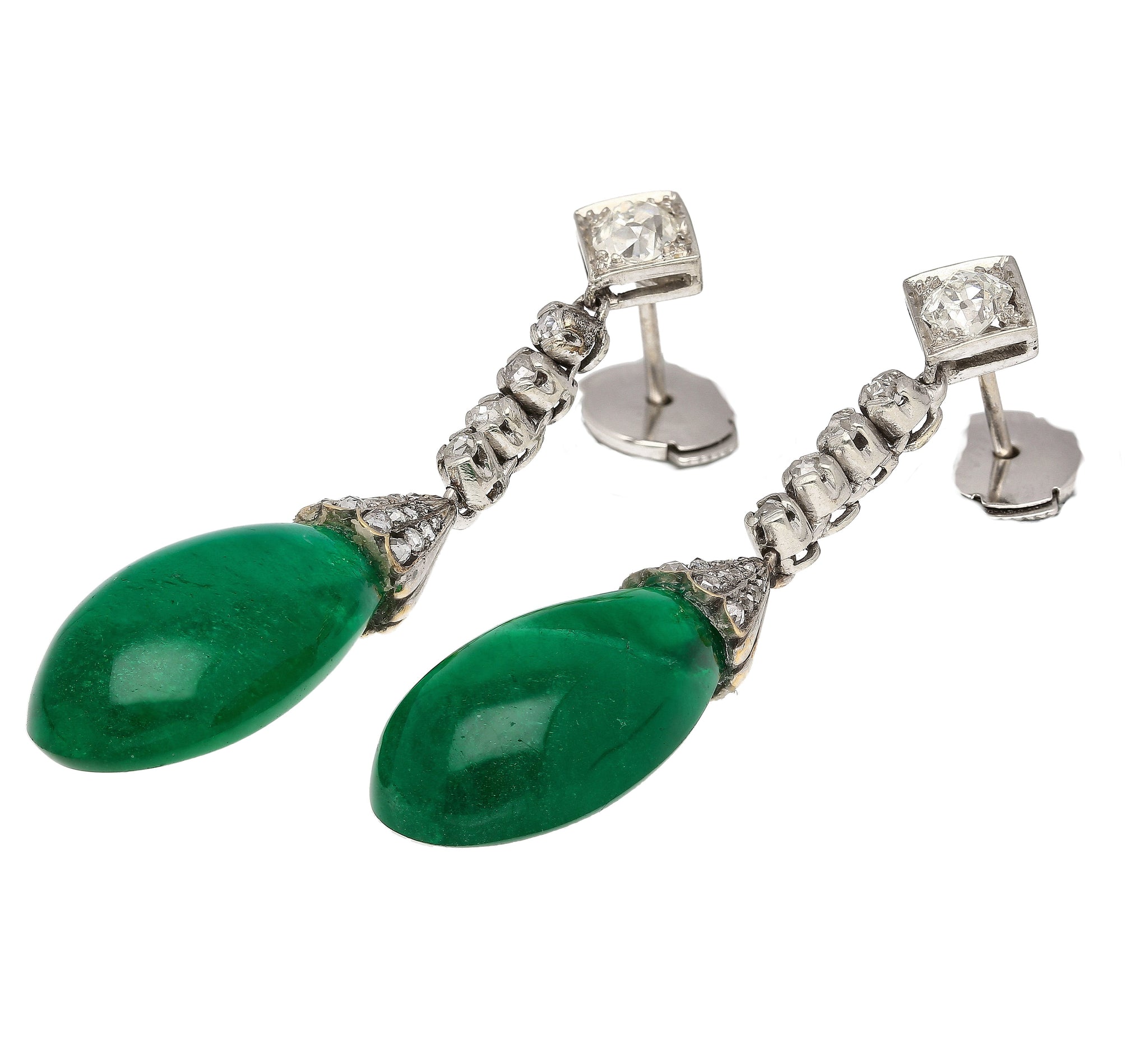 Art Deco Era 21 Carat Cabochon Pear Shape Emerald Drop Earrings | Circa 1940
